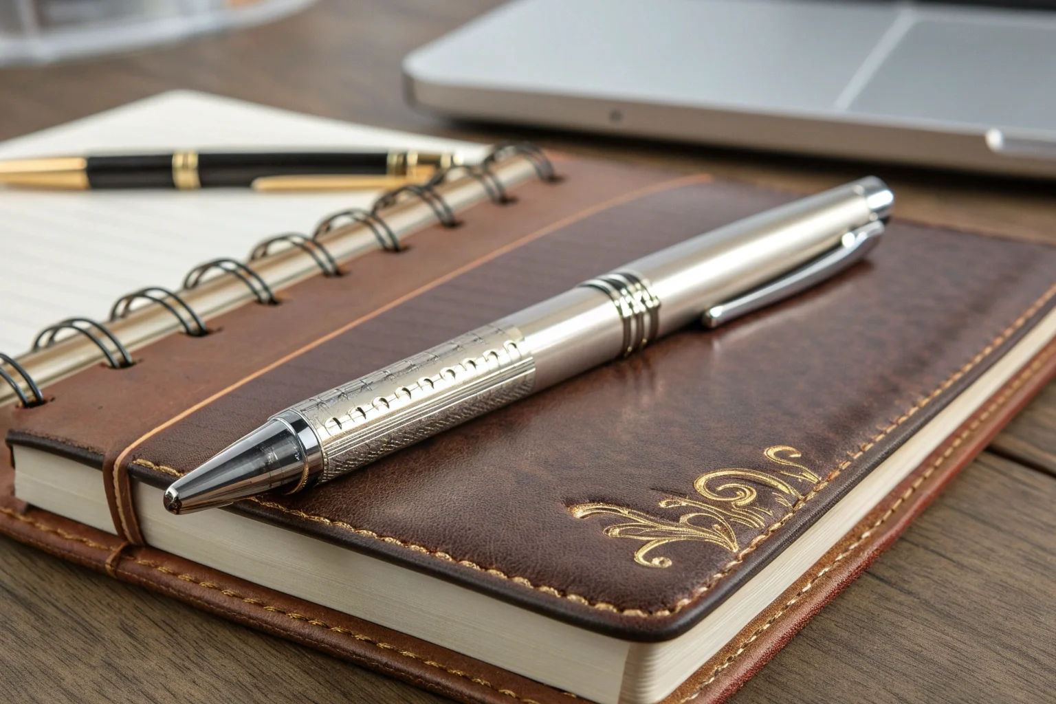 Gros plan d'un enregistreur vocal discret et de haute qualité, dissimulé dans un stylo et posé sur un carnet.