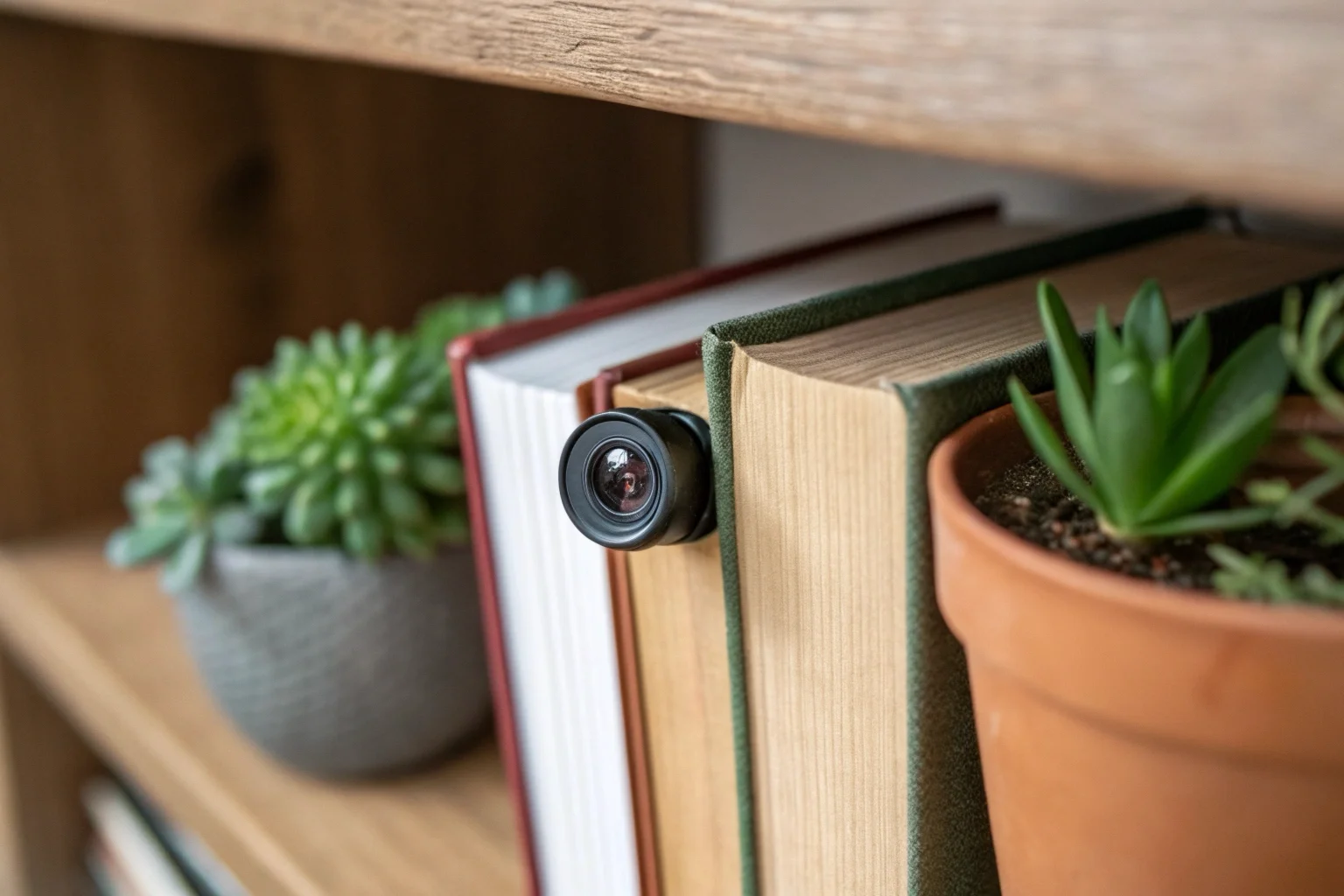 Une petite caméra d'intérieur discrète, partiellement dissimulée sur une étagère à côté de livres et d'une plante.