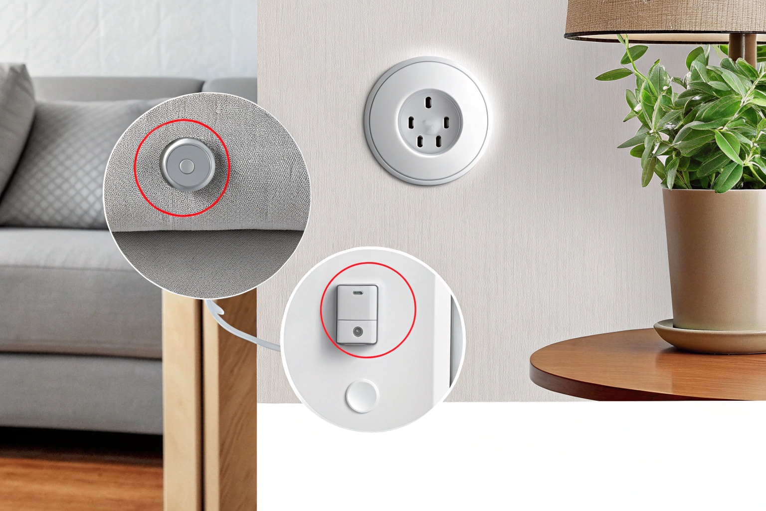 Une scène de salon avec des cercles mettant en évidence des caméras cachées dans une plante, un livre et un détecteur de fumée