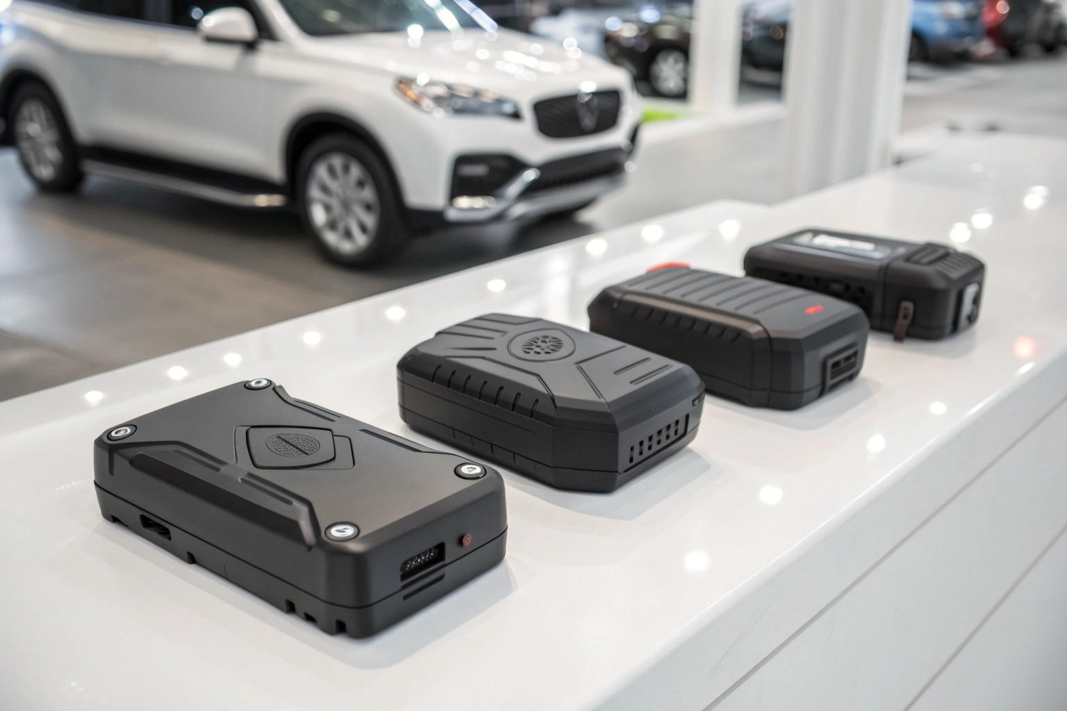 Eine professionelle Produktaufnahme von mehreren verschiedenen Modellen von GPS-Trackern für Fahrzeuge, die ordentlich auf einer sauberen, modernen Oberfläche angeordnet sind.