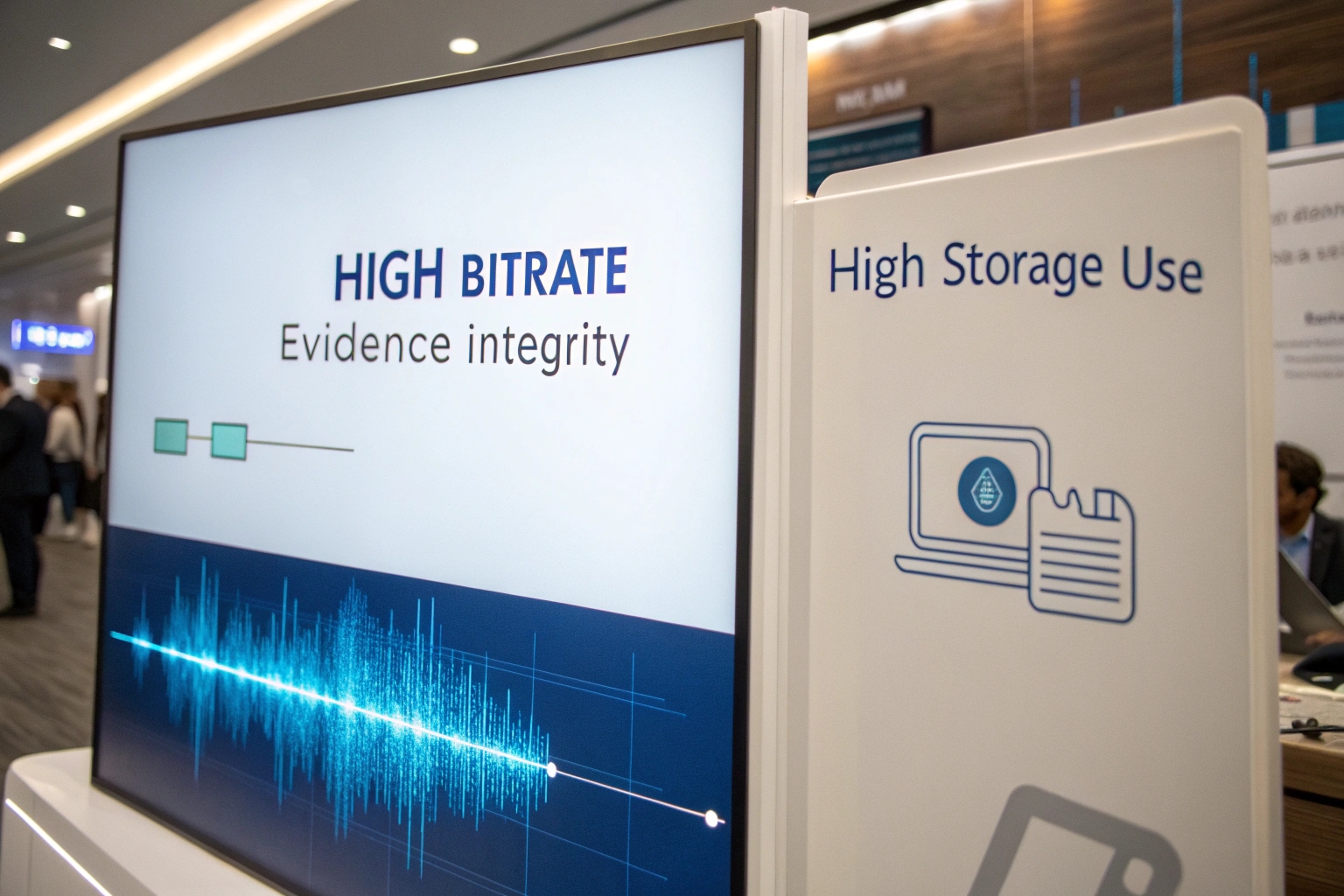Une image en écran partagé affichant d'un côté une forme d'onde audio claire et de l'autre une icône de stockage de données.
