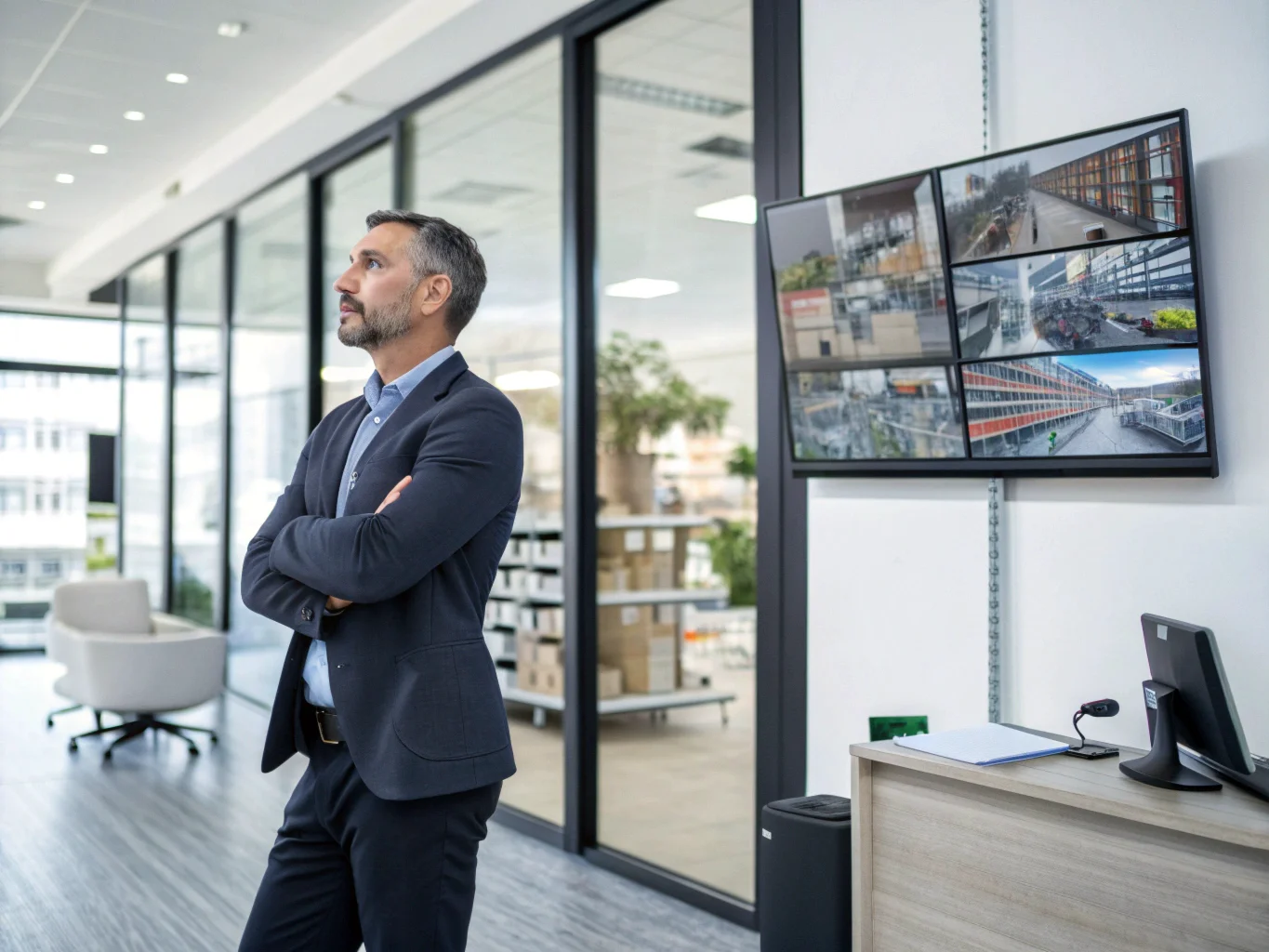 Un chef d'entreprise dans son bureau, surveillant les flux de plusieurs caméras de sécurité sur un grand écran.