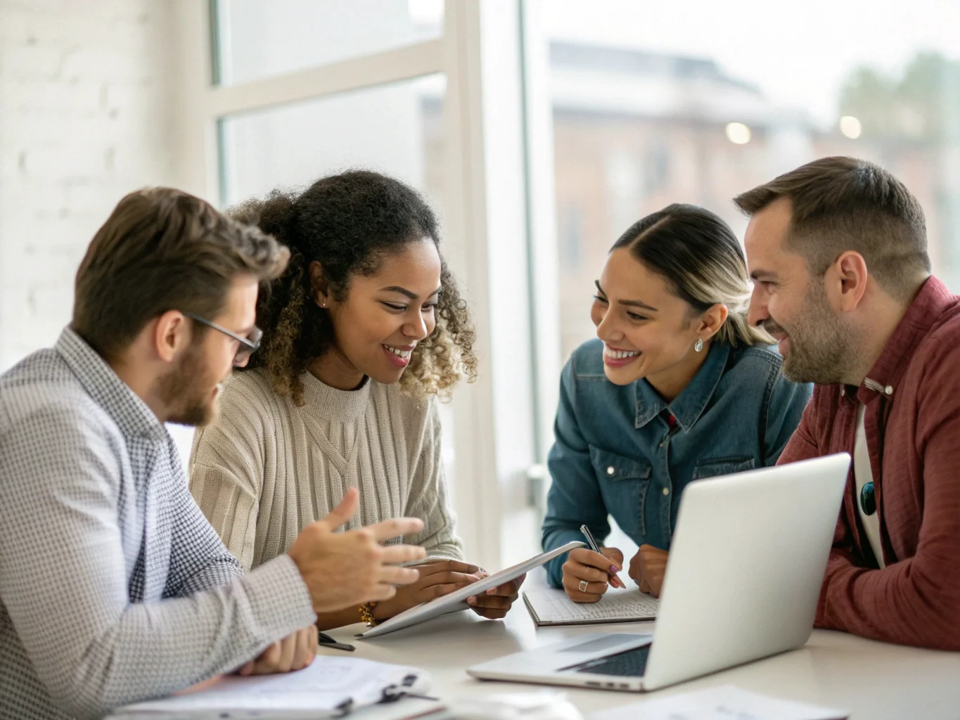 Un team di lavoro in una riunione, tutti concentrati sulla discussione invece di prendere appunti, con un piccolo registratore al centro del tavolo.