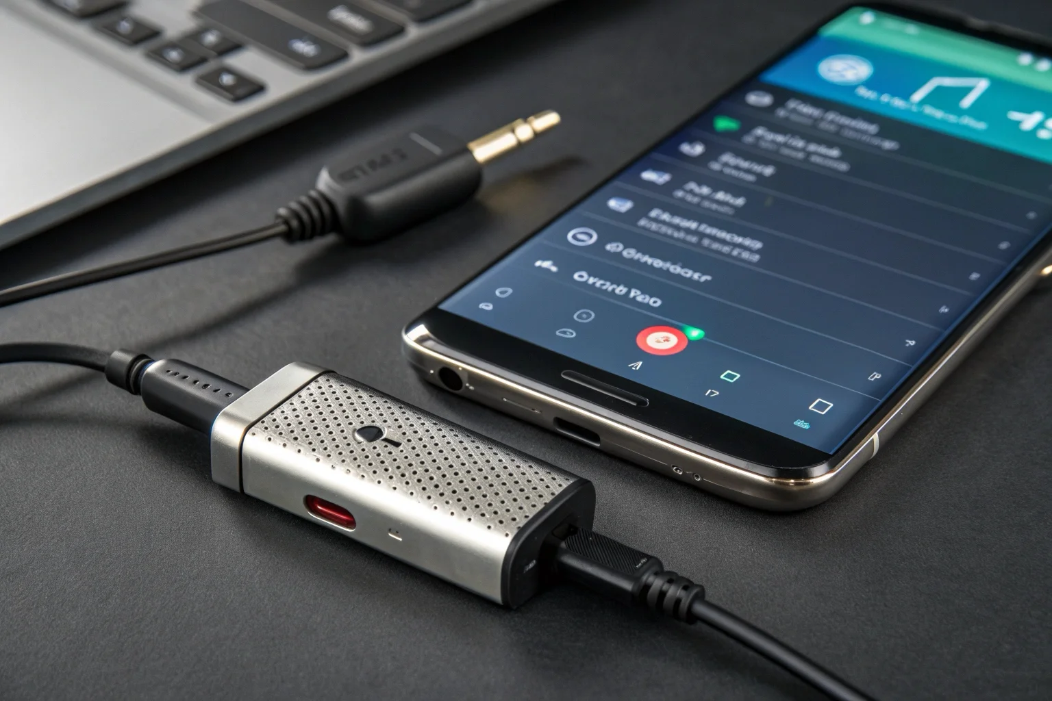 L'enregistreur vocal C17, connecté directement à un smartphone via un câble Type-C, affiche un transfert de fichier en cours.