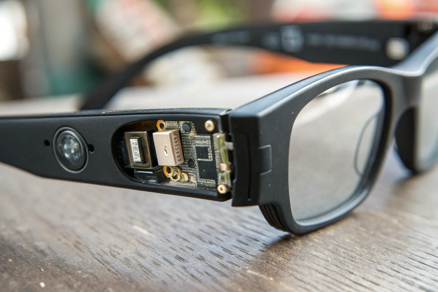 A close-up shot of the arm of the camera glasses, highlighting the small, integrated battery.