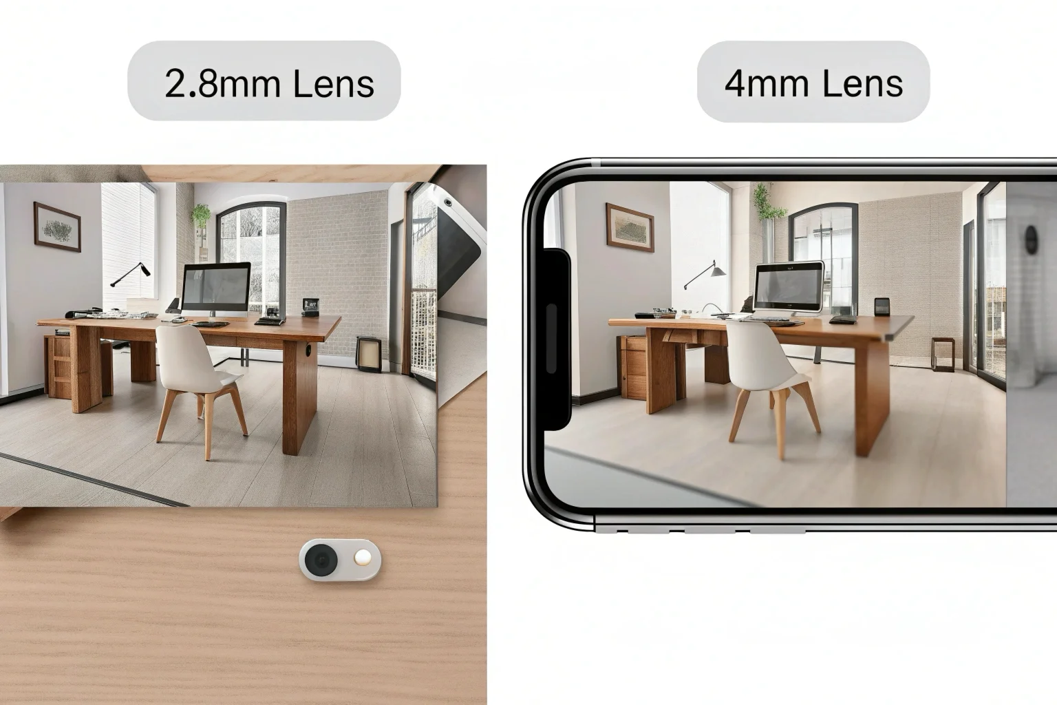 Une image en écran partagé comparant le champ de vision grand angle d'un objectif de 2,8 mm et le champ de vision plus étroit d'un objectif de 4 mm dans un environnement de bureau.