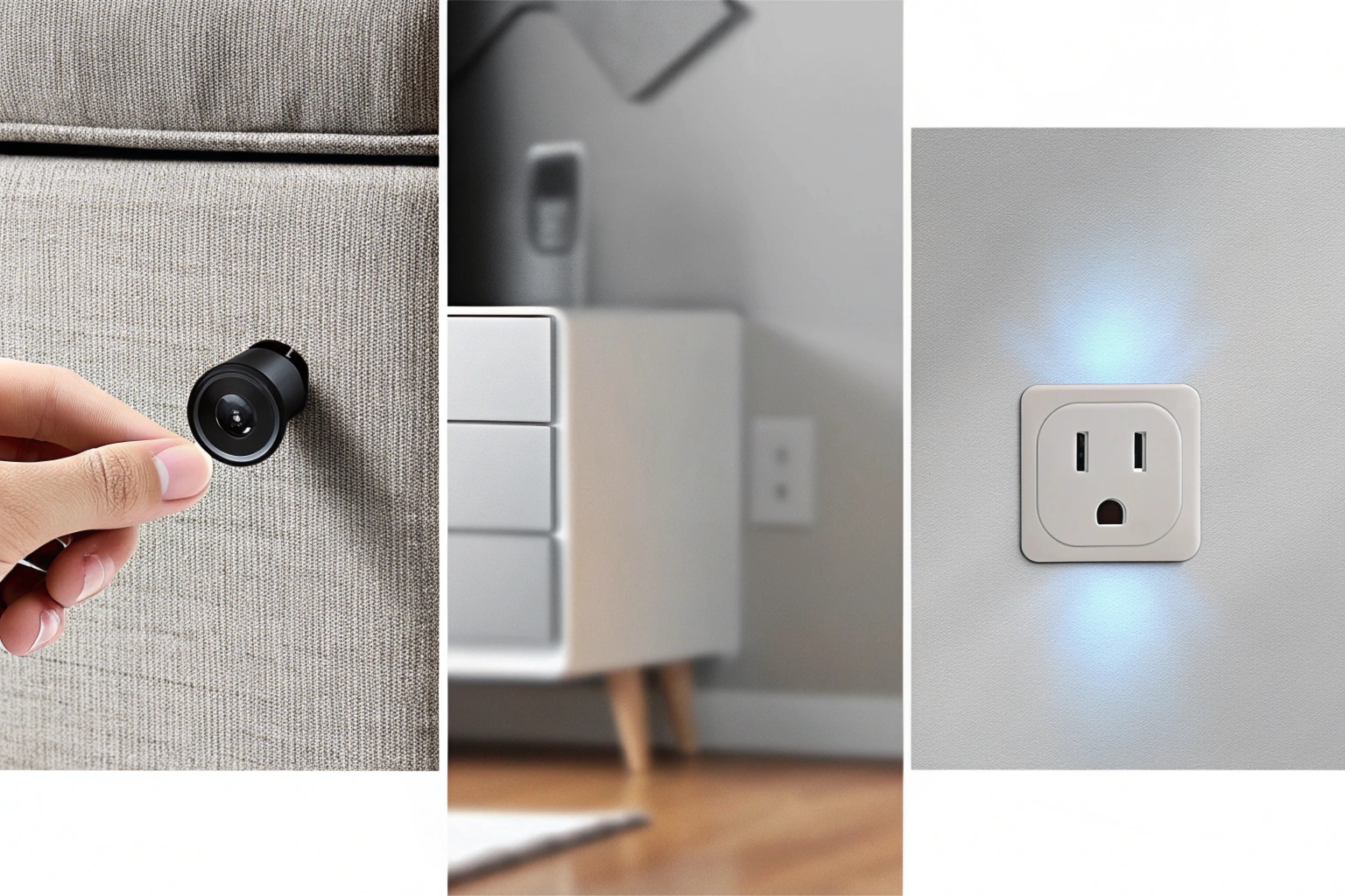 Une image divisée montrant une caméra à vis alimentée par batterie et une caméra à chargeur mural USB branchée sur une prise de courant.