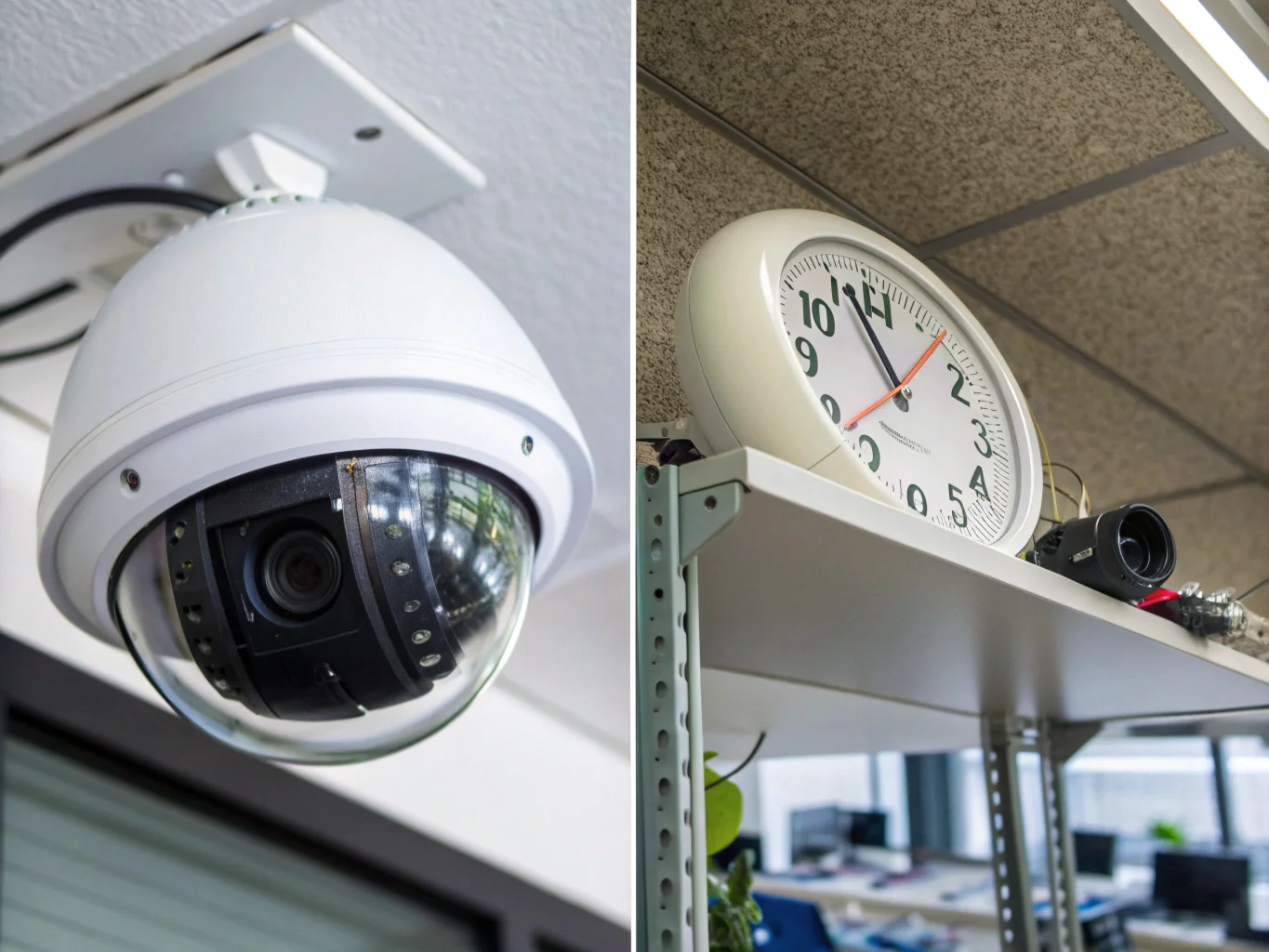 Une grande caméra de vidéosurveillance bien visible contrastait avec une petite caméra d'horloge discrète.