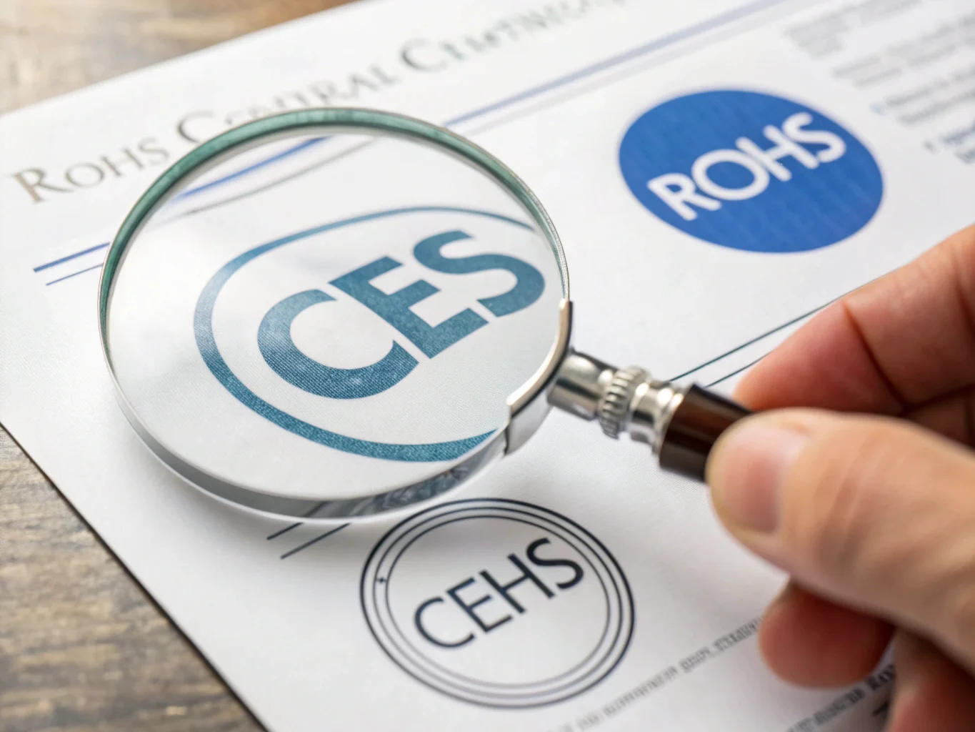 Gros plan sur une main tenant une loupe au-dessus d'un certificat CE et RoHS, symbolisant la vérification et la conformité.