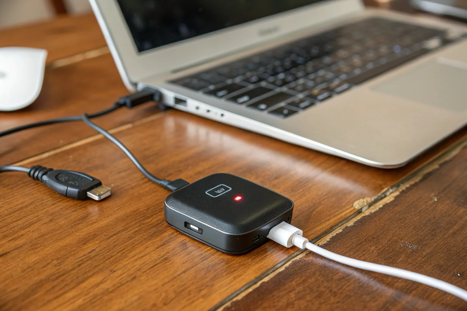 Gros plan sur un petit traceur pour animaux de compagnie relié à un câble de chargement magnétique USB, placé à côté d'un ordinateur portable.