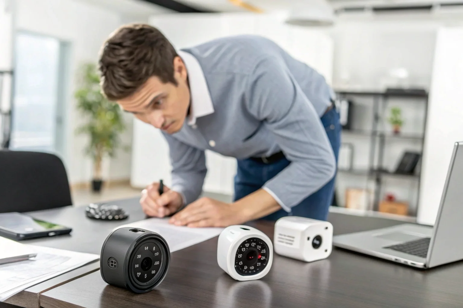 Un chef d'entreprise examine attentivement différents modèles de caméras cachées sur un bureau