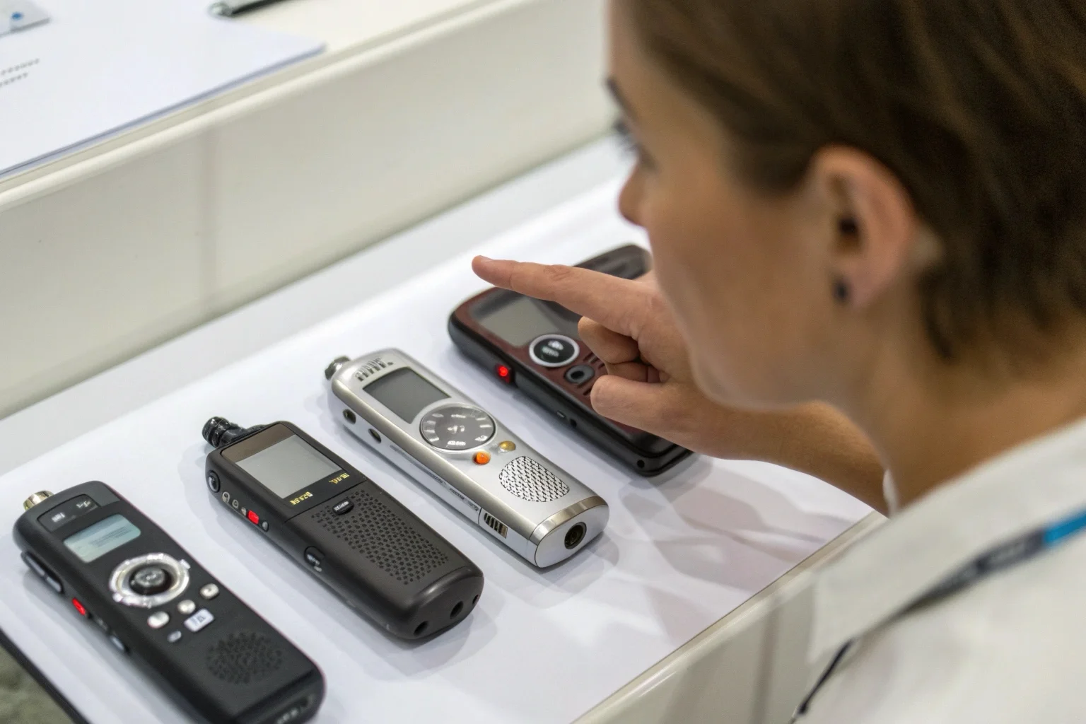 La main d'une personne désigne un enregistreur vocal spécifique parmi une sélection de différents modèles, mettant en évidence ses caractéristiques sur un écran.