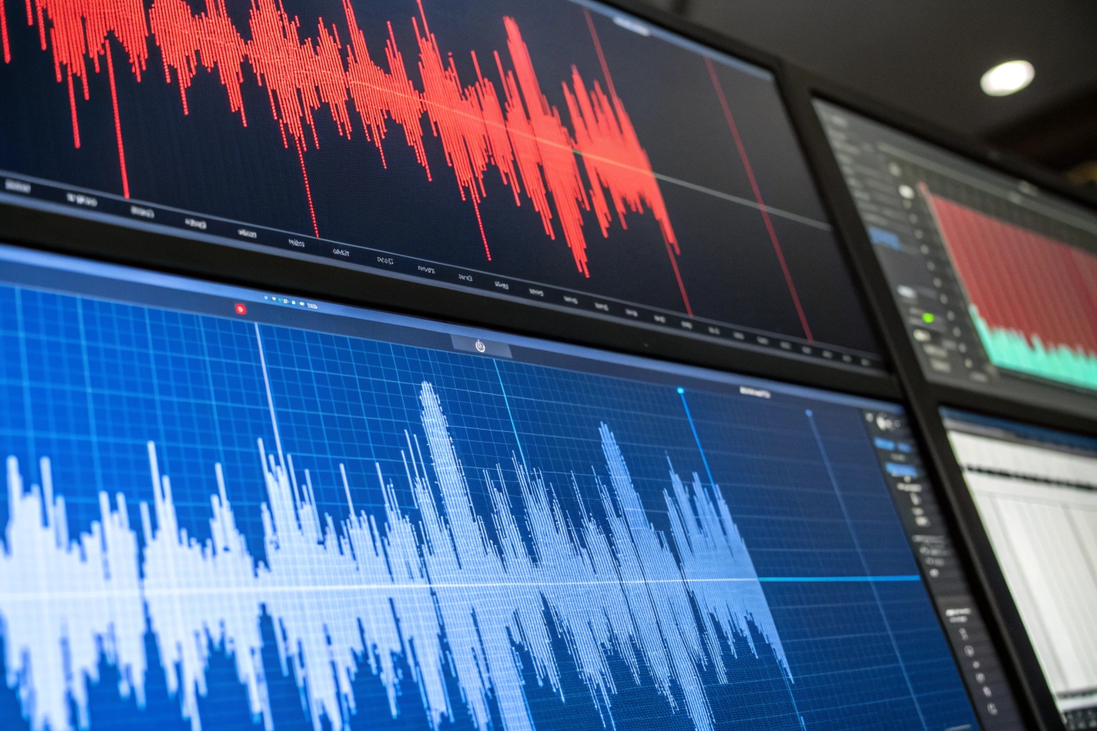 Eine abstrakte Visualisierung, die eine saubere, scharfe Schallwelle mit einer unordentlichen, lauten vergleicht