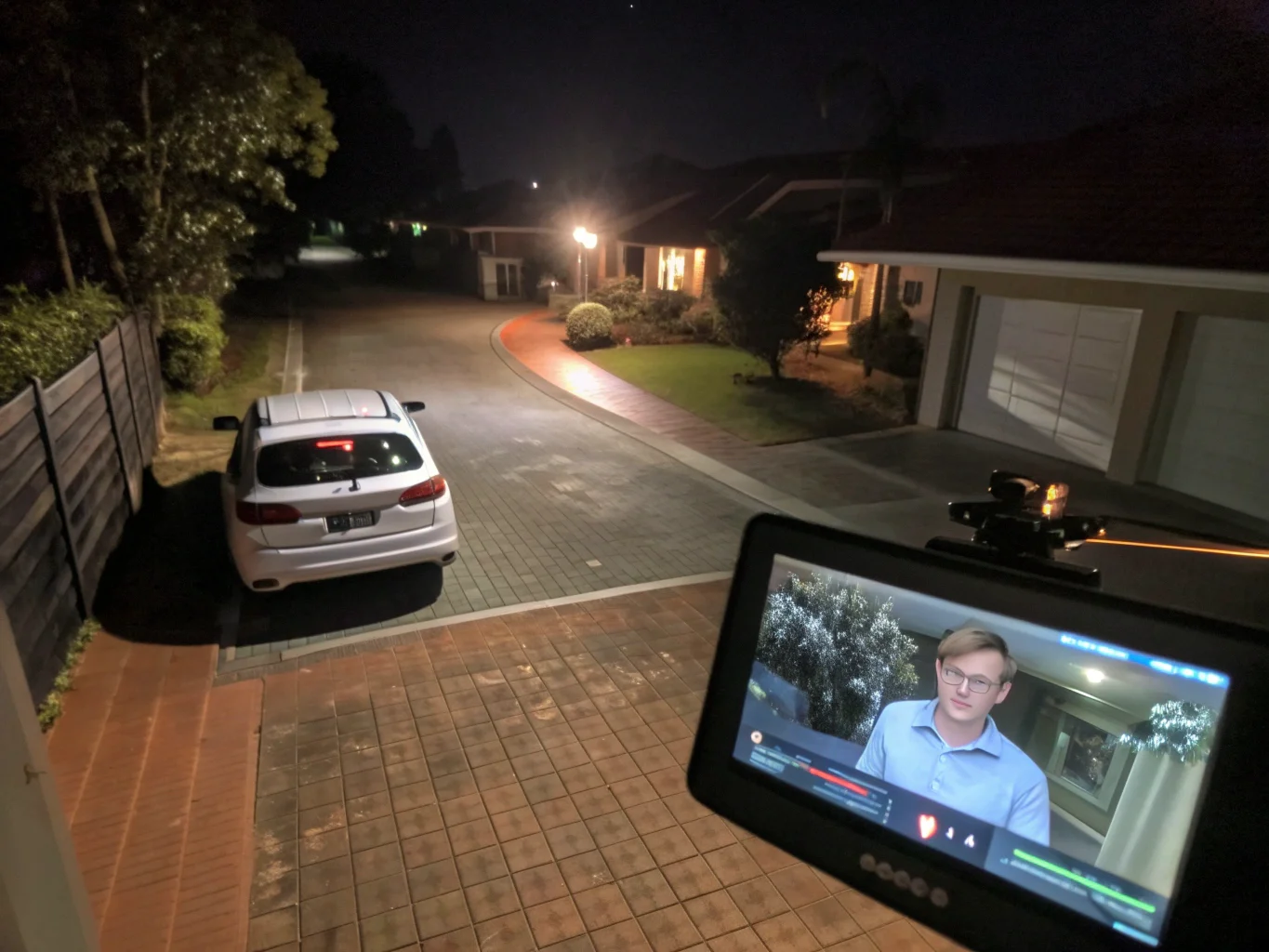 Une image nette et claire en vision nocturne d'une cour arrière ou d'une façade de magasin
