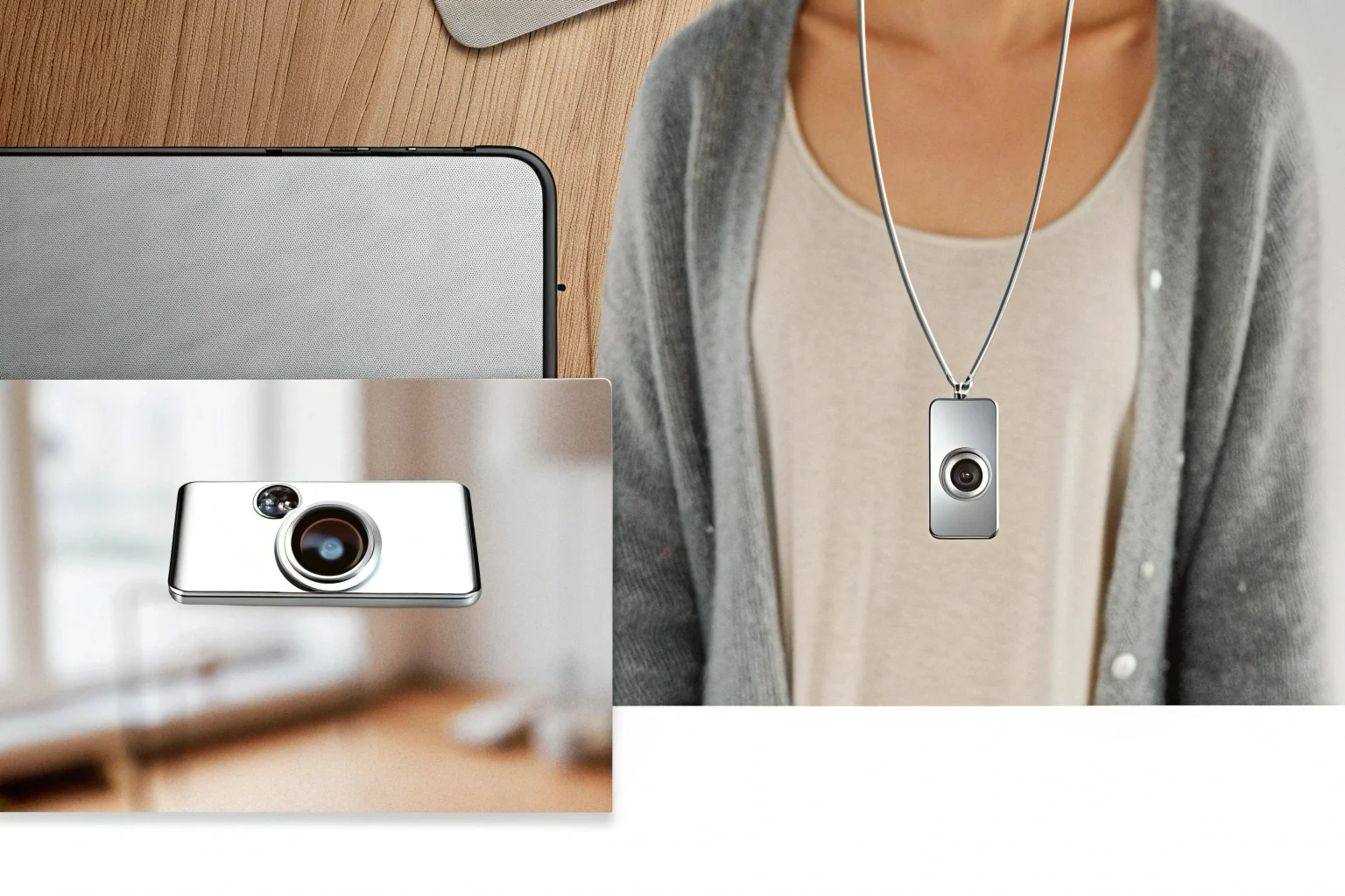 Une personne qui porte une collier avec une caméra au design élégant et discret