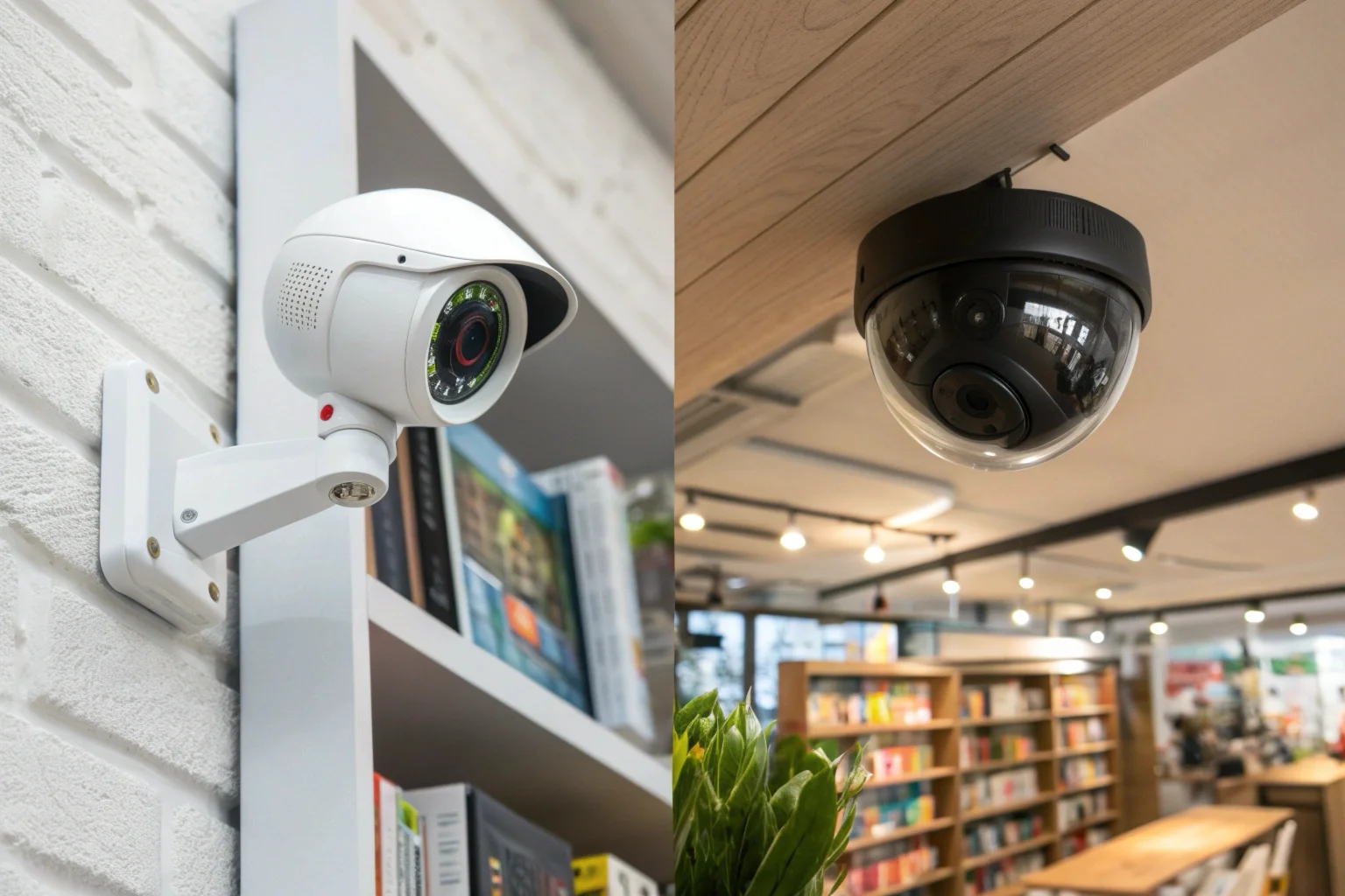 Une image divisée montrant d'un côté une caméra Wi-Fi grand public et de l'autre une caméra de sécurité professionnelle.