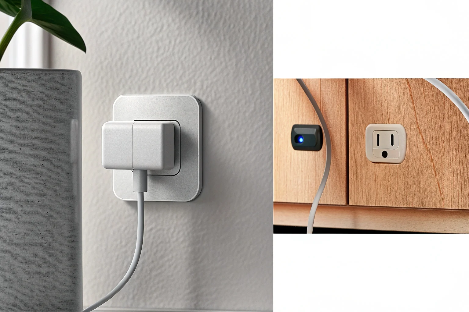 Une élégante caméra murale USB branchée sur une prise électrique, avec une discrète lumière bleue indiquant qu'elle enregistre.