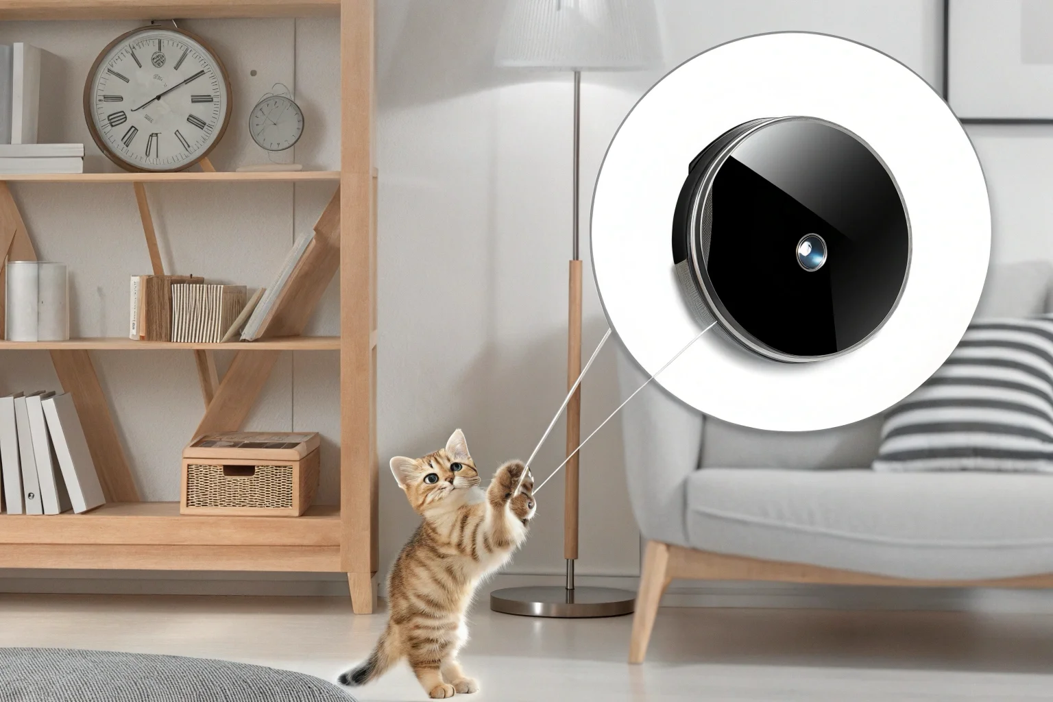 Une caméra cachée discrète, dissimulée dans une horloge murale moderne, dans un salon.