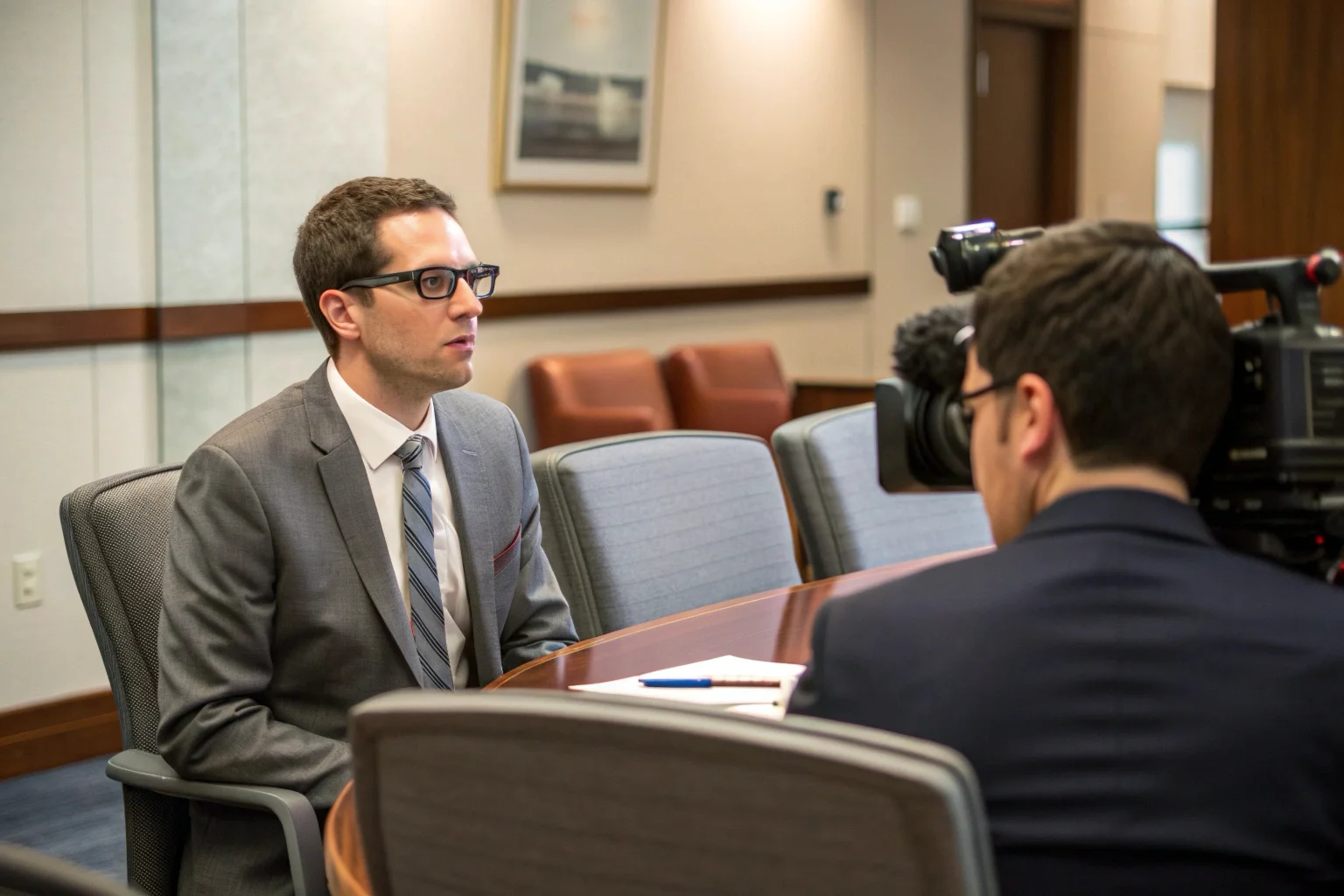 Un homme en costume enregistre discrètement une réunion à l'aide de ses lunettes-caméras.