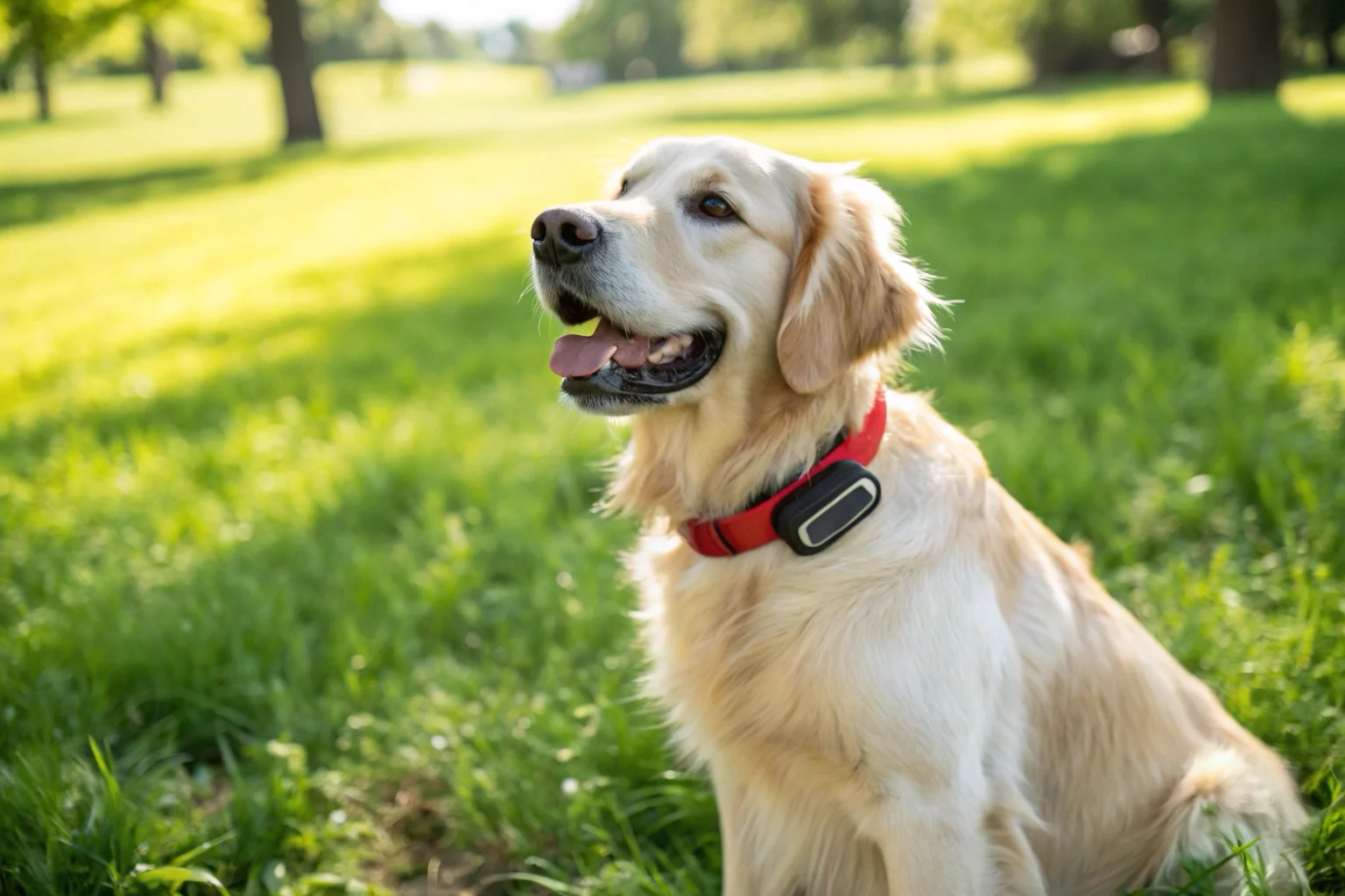 Un golden retriever heureux portant un petit traceur GPS noir élégant sur son collier rouge