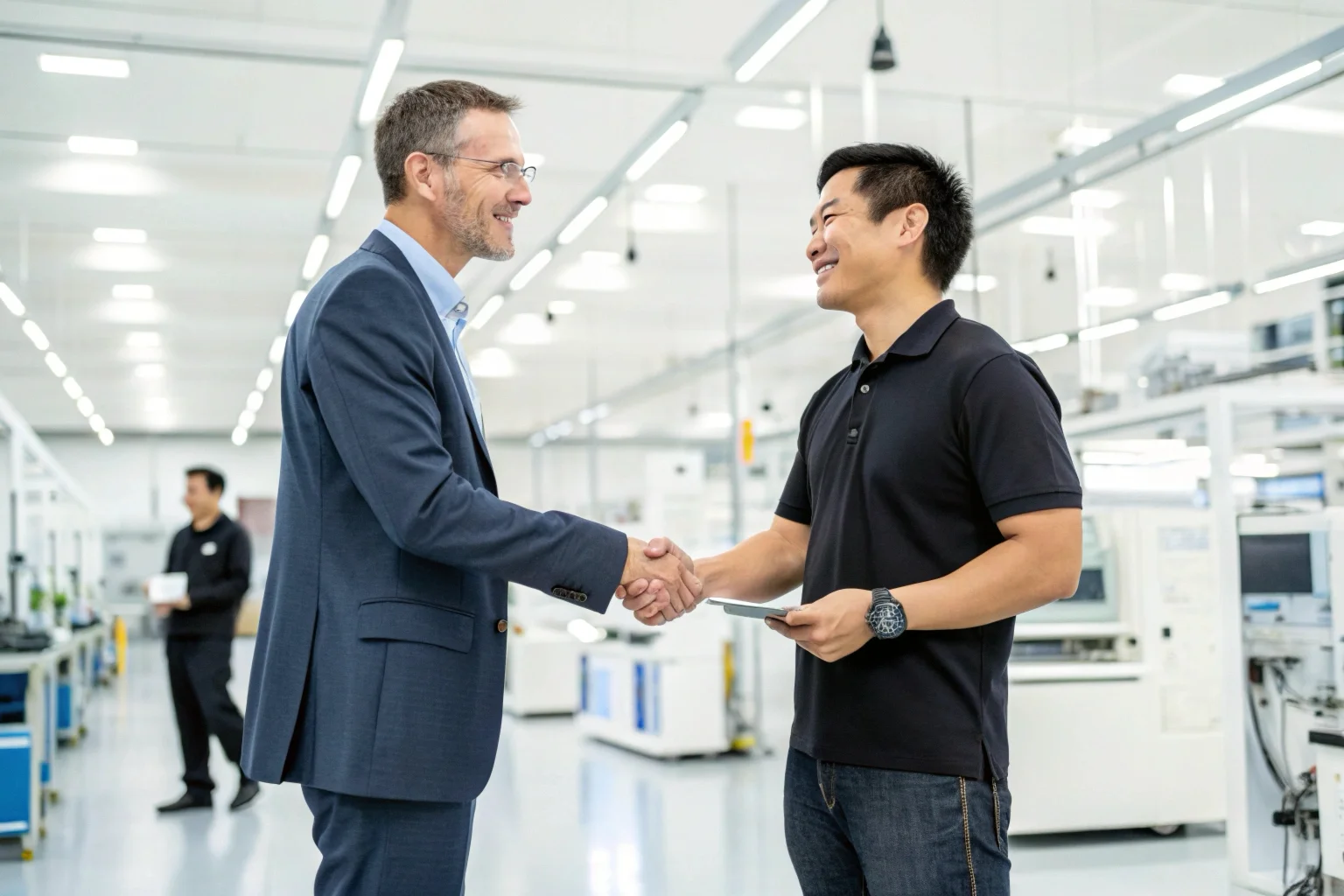 Deux hommes d'affaires, l'un européen et l'autre asiatique, se serrent la main dans une usine d'électronique moderne et lumineuse.