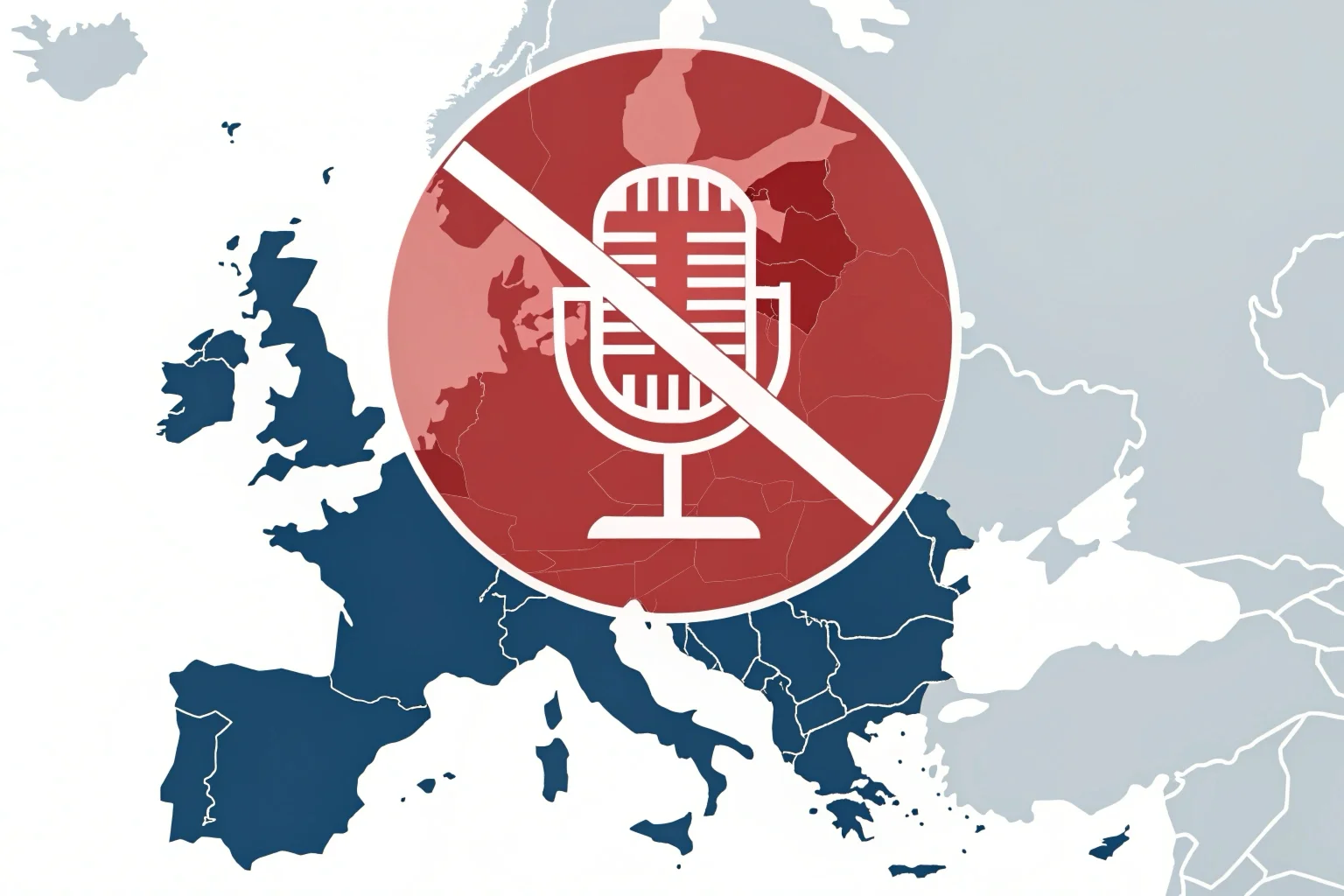 Un graphique montrant une icône de microphone barré superposée à une carte de l'Union européenne, symbolisant les restrictions en matière d'enregistrement audio.