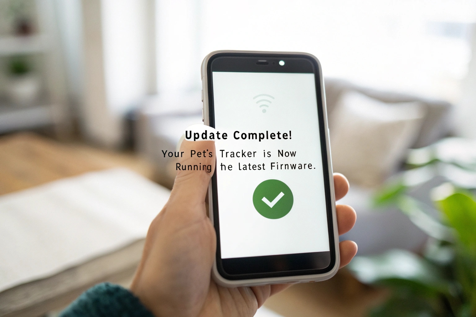 Écran d'application convivial sur un smartphone indiquant qu'une mise à jour du micrologiciel du collier pour animal de compagnie a été installée avec succès