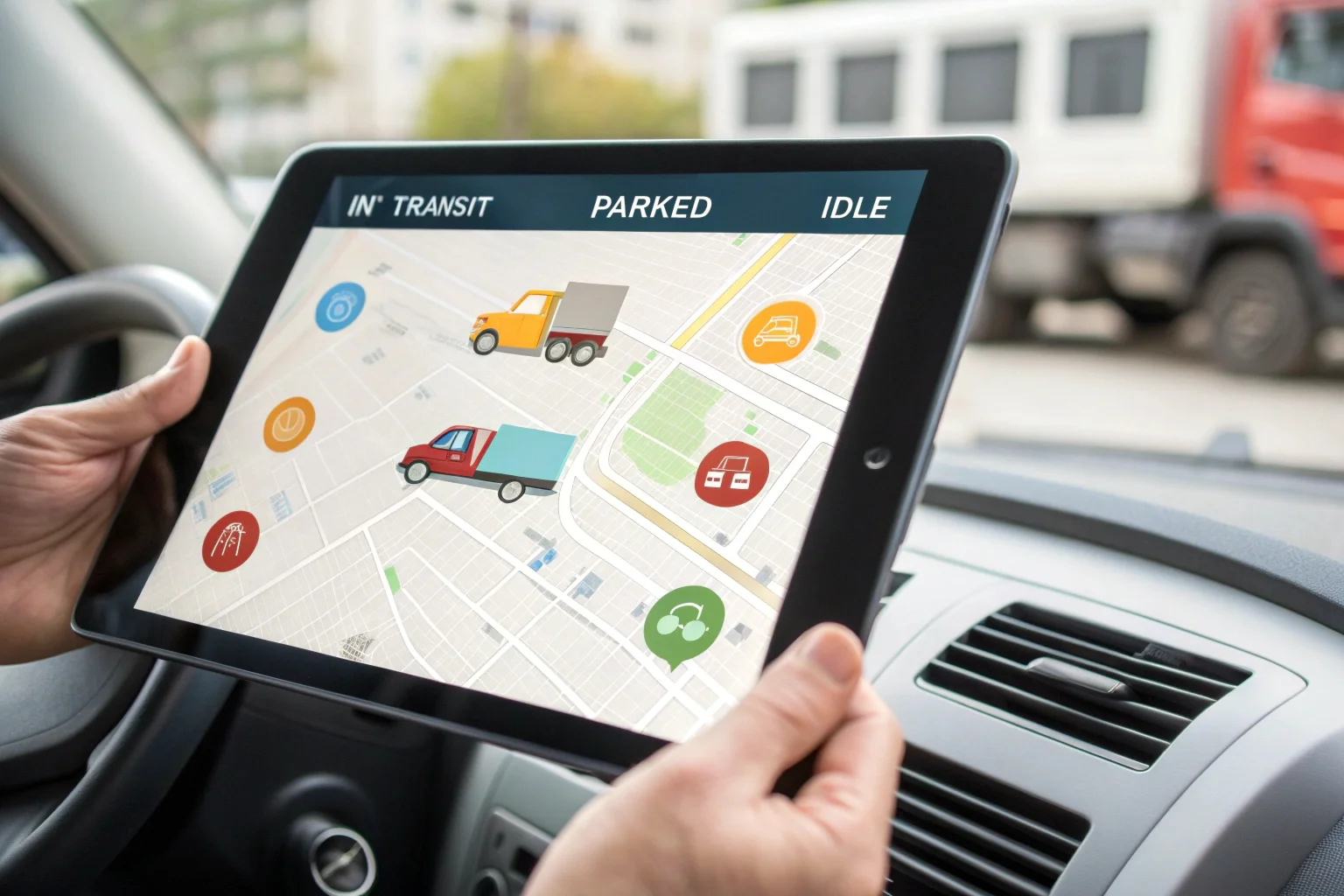 Un tableau de bord de gestion de flotte sur une tablette affichant la position des véhicules sur une carte
