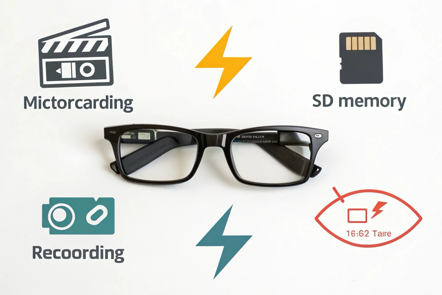Une infographie montrant une icône de batterie et une icône de carte mémoire reliées par des flèches à une paire de lunettes d'appareil photo, illustrant les deux facteurs de la durée d'enregistrement.