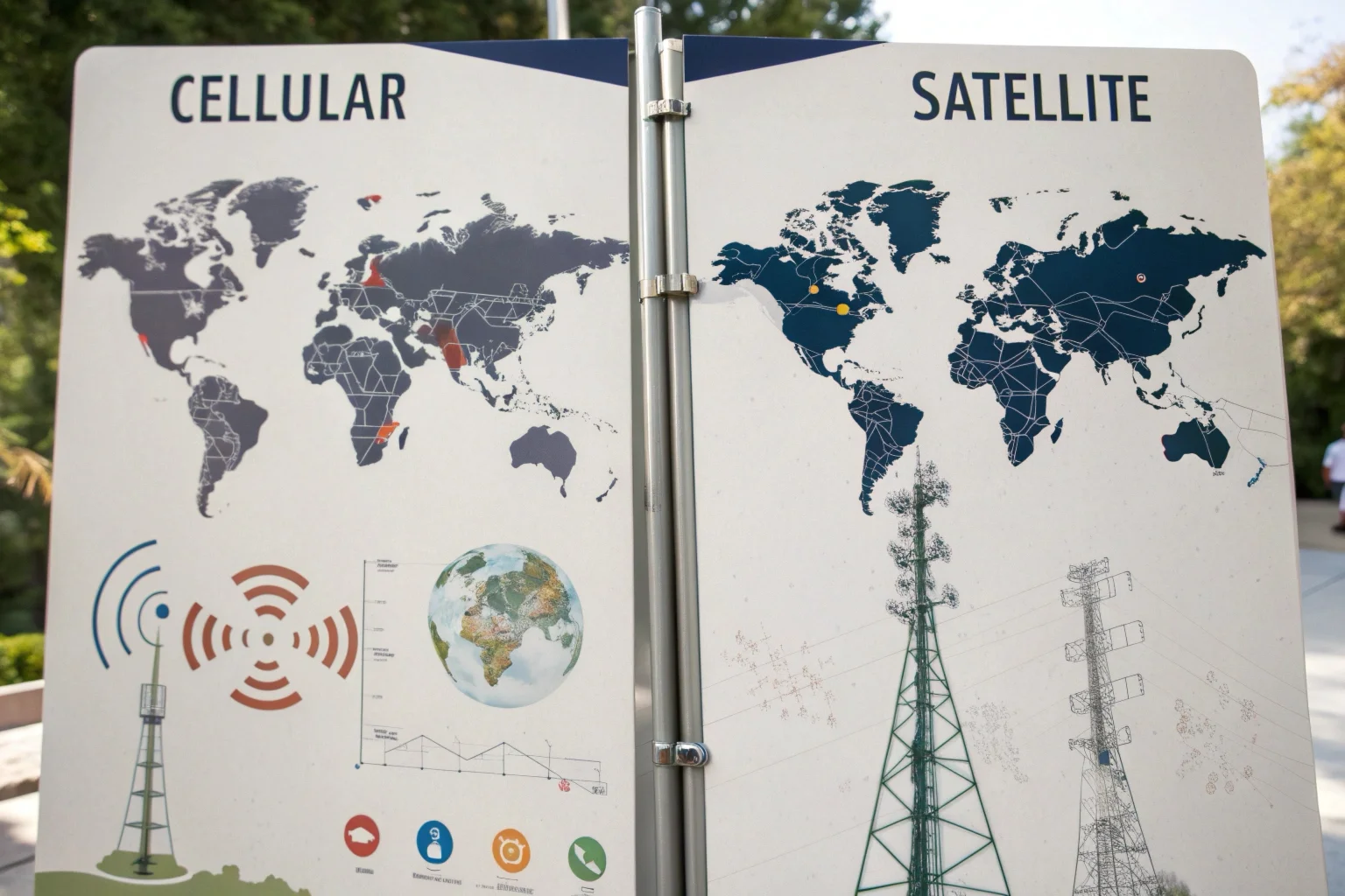 Une infographie comparant la couverture mondiale des réseaux satellitaires à la couverture des zones plus peuplées par les réseaux cellulaires pour le suivi GPS