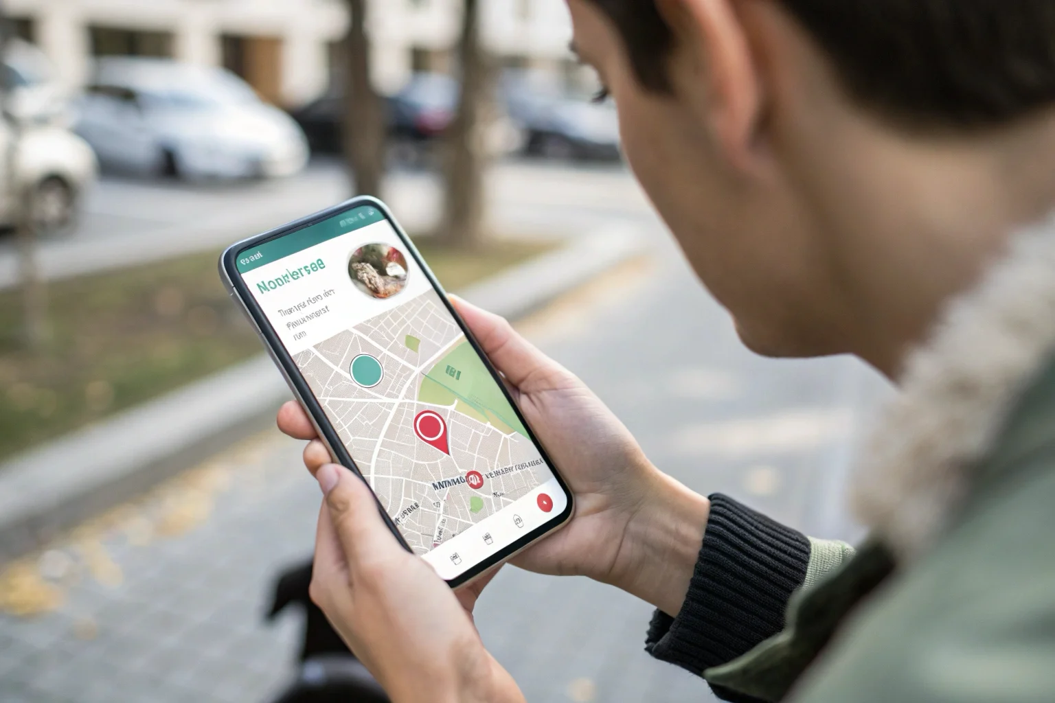 La main d'une personne tenant un smartphone affichant une carte avec la position en temps réel d'un animal de compagnie localisée à l'autre bout de la ville