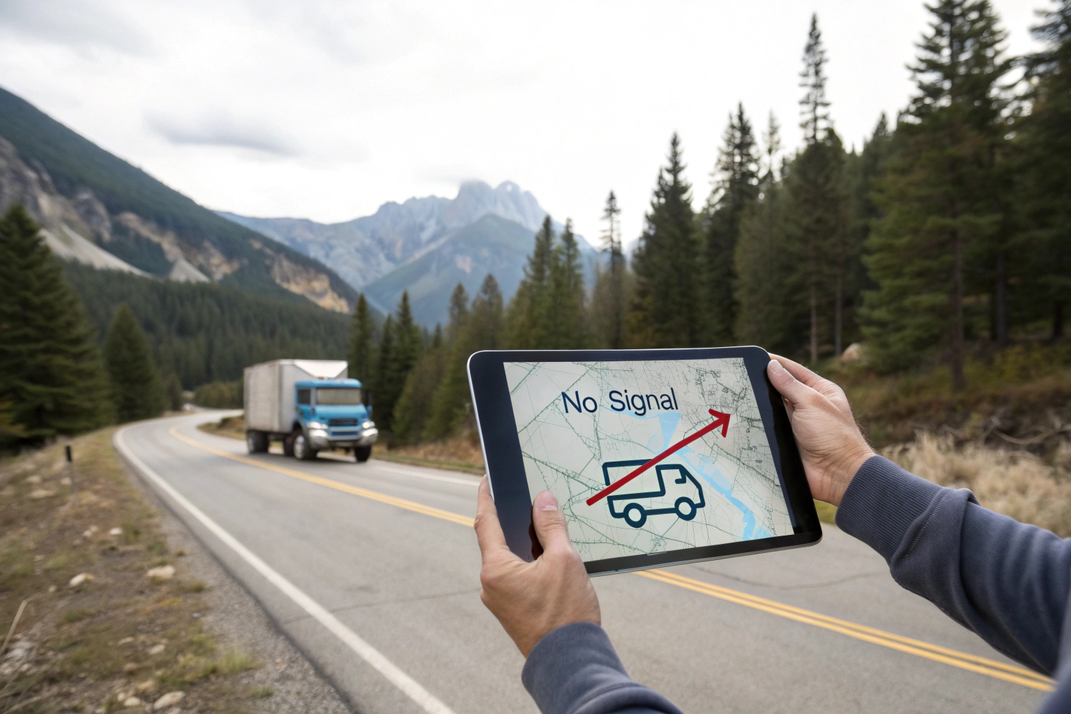 Interface cartographique sur une tablette montrant l'itinéraire d'un camion à travers une zone montagneuse isolée où une icône " pas de signal " est affichée.