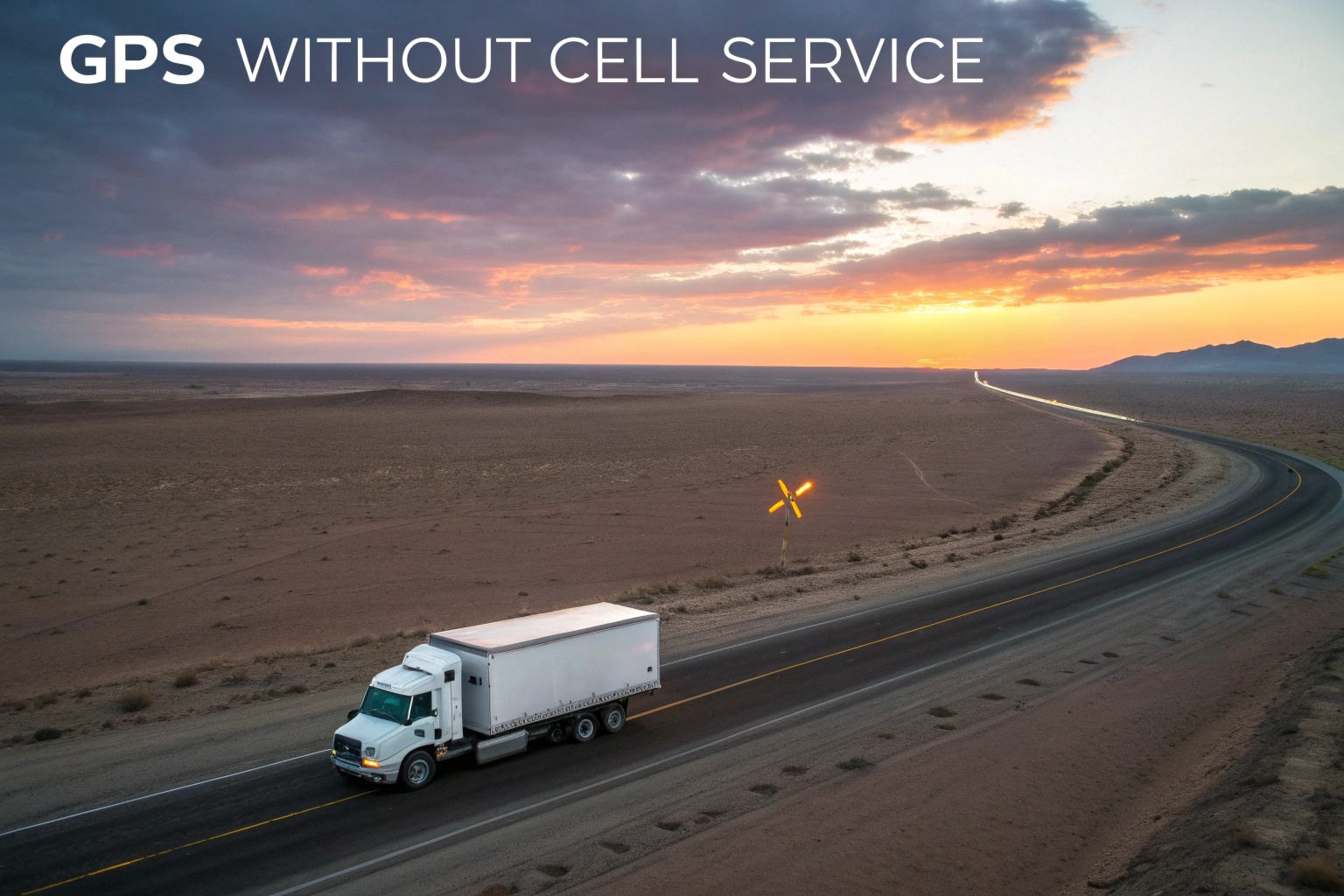 Un camion de livraison traverse un vaste paysage désertique ou toundra, avec une icône satellite clairement visible dans le ciel au-dessus de lui.