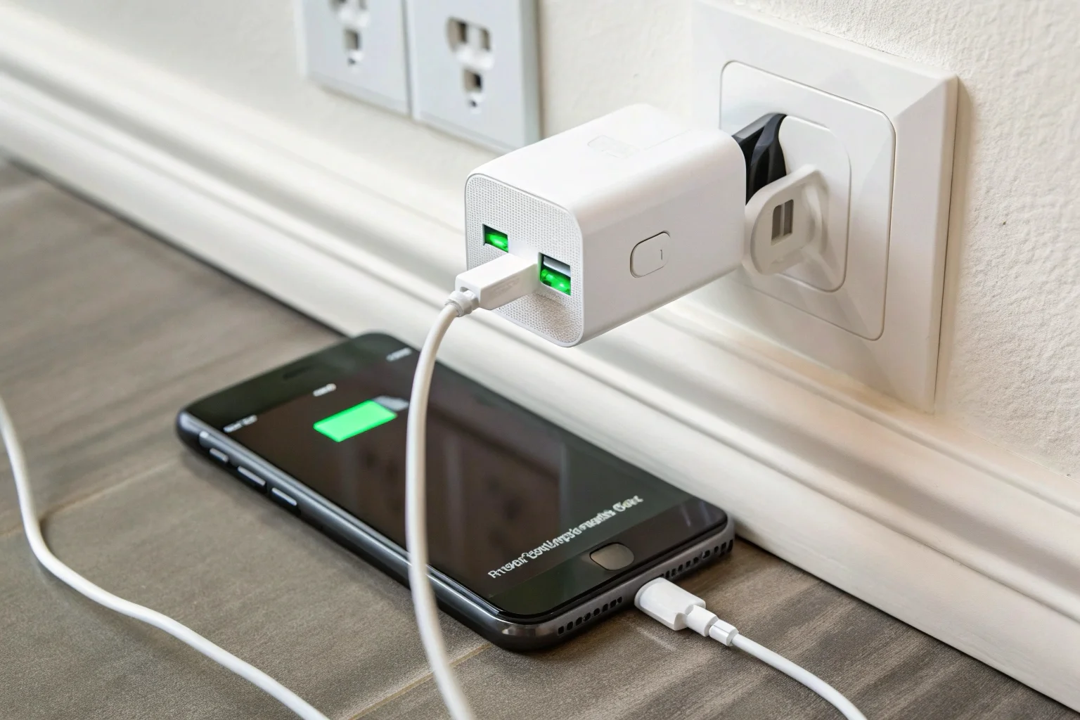 Une caméra cachée dissimulée dans un chargeur mural USB branché sur une prise de courant.