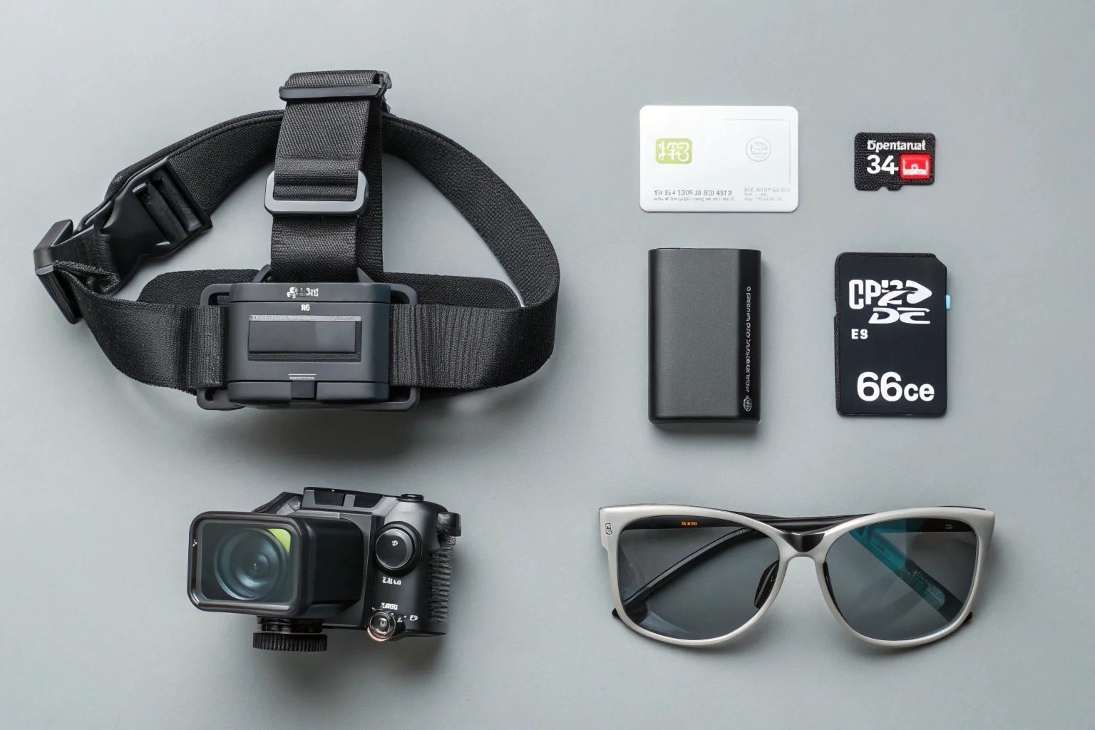 Une caméra frontale à côté d'une paire de lunettes-caméras, avec les symboles de la batterie et de la carte mémoire au-dessus.