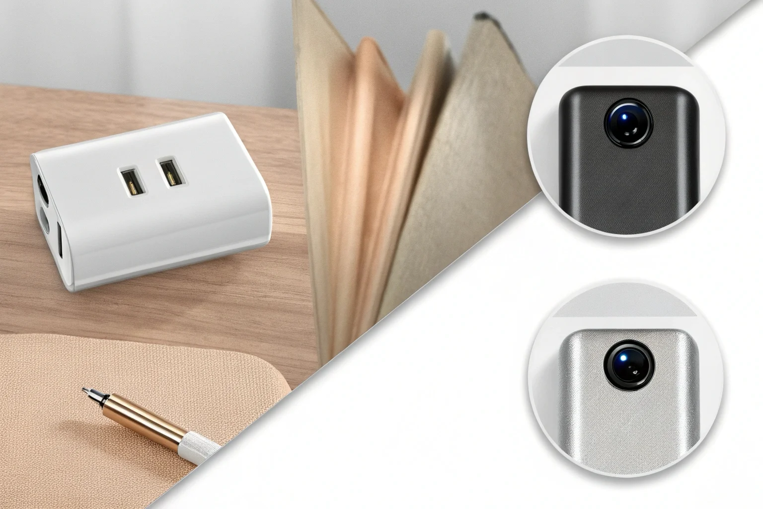 Une collection de caméras cachées dissimulées dans un chargeur, une batterie externe et un stylo.