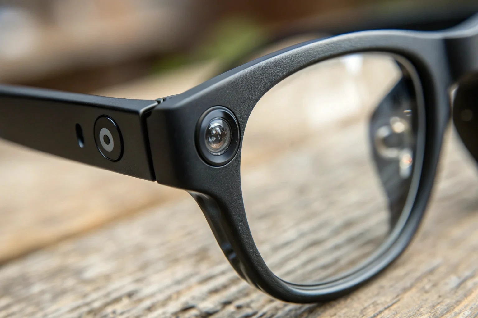 Gros plan macro d'un objectif d'appareil photo parfaitement intégré à la charnière d'une paire de lunettes noires.
