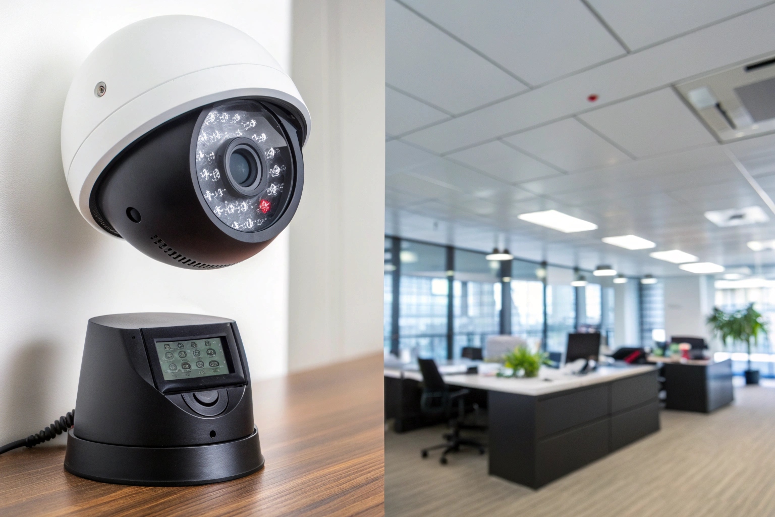Une image divisée en deux montrant une caméra dôme visible au plafond d'un bureau et une caméra cachée dissimulée dans une horloge numérique sur un bureau.