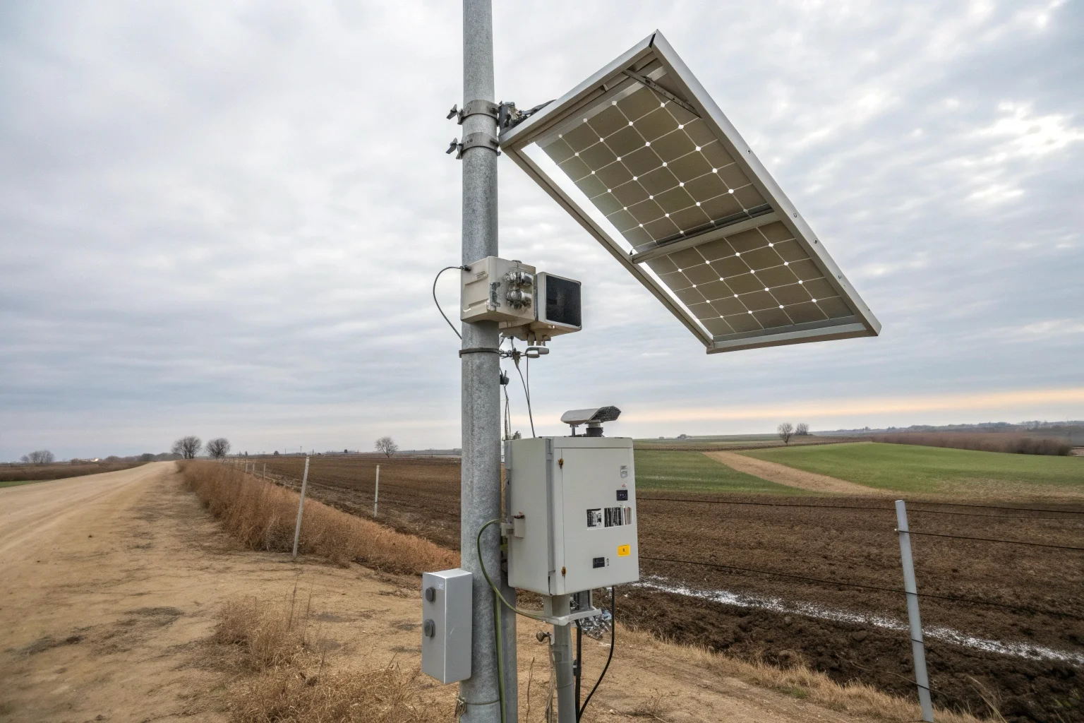 Une configuration hybride avec un grand panneau solaire alimentant une caméra professionnelle de type box.