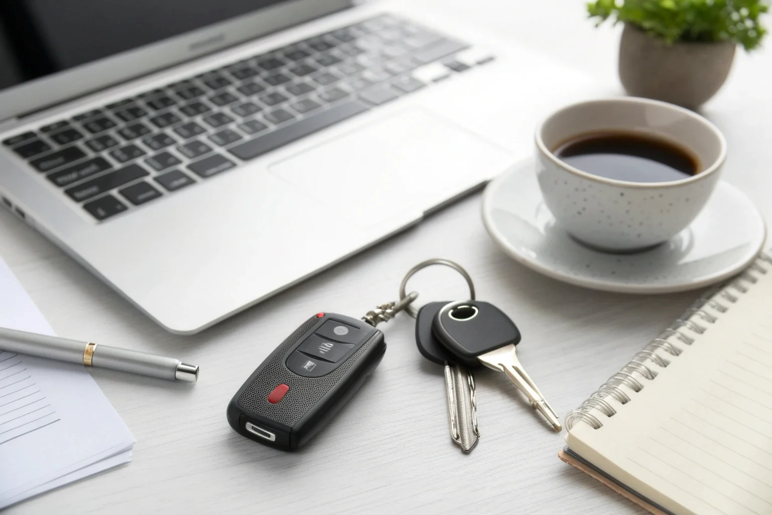 Un enregistreur vocal porte-clés fixé à un trousseau de clés posé sur le bureau d'un professionnel, à côté de son ordinateur portable.