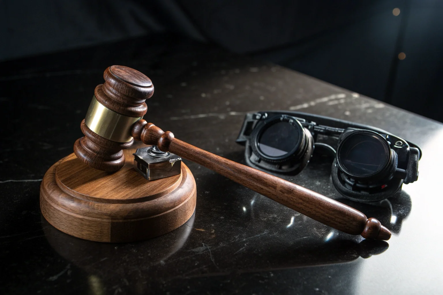 Un marteau du giudice appoggiato accanto à un paio di occhiali avec une caméra espion sur une surface scura.