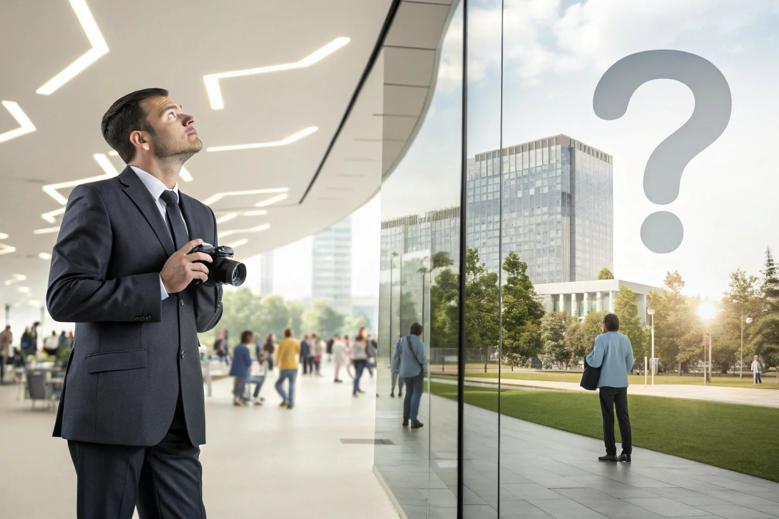 Une personne s'interrogeant sur la légalité des lunettes à caméra, avec en arrière-plan flou une rue publique et un bureau privé.