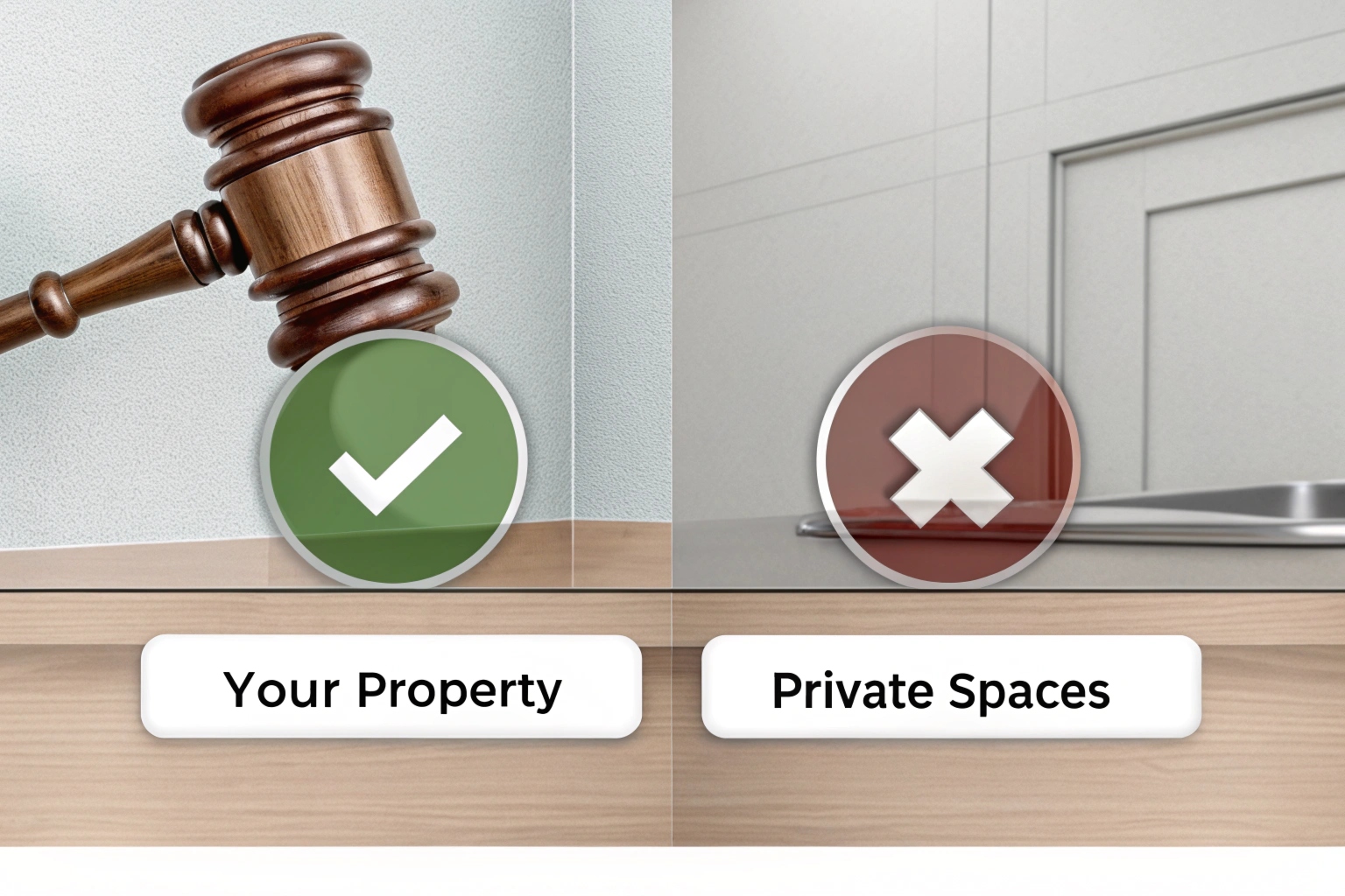 Un simple graphique représentant un maillet avec une coche pour la surveillance des propriétés et une croix rouge pour les espaces privés.
