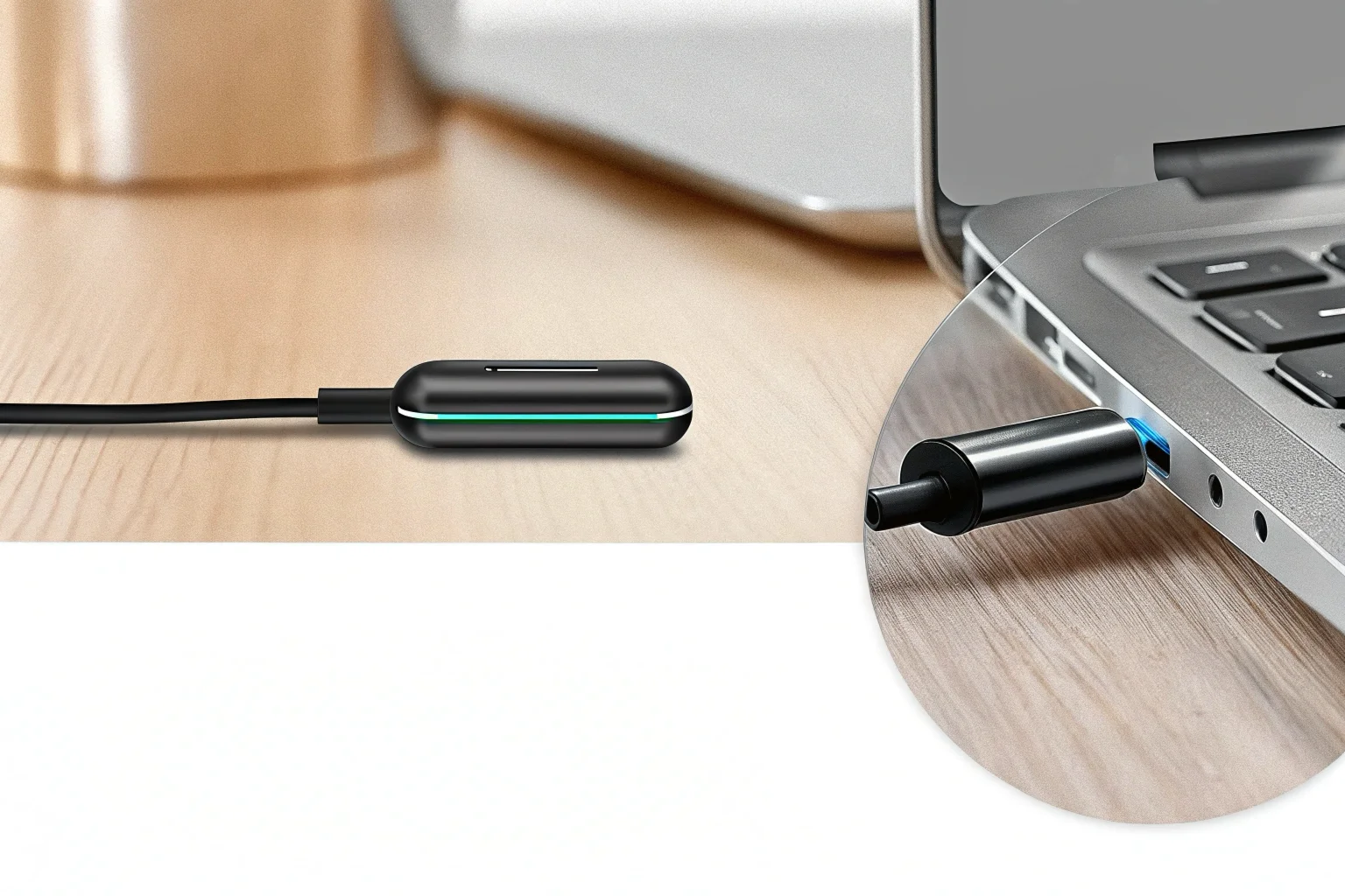 Un mini enregistreur vocal discret se rechargeant via un câble USB, avec un indicateur de batterie lumineux symbolisant une longue durée de vie et une grande fiabilité.