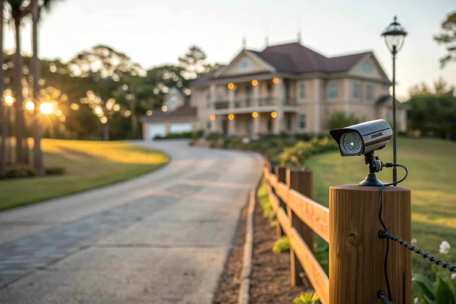 Une caméra solaire avec de longues antennes montée sur un poteau de clôture éloigné