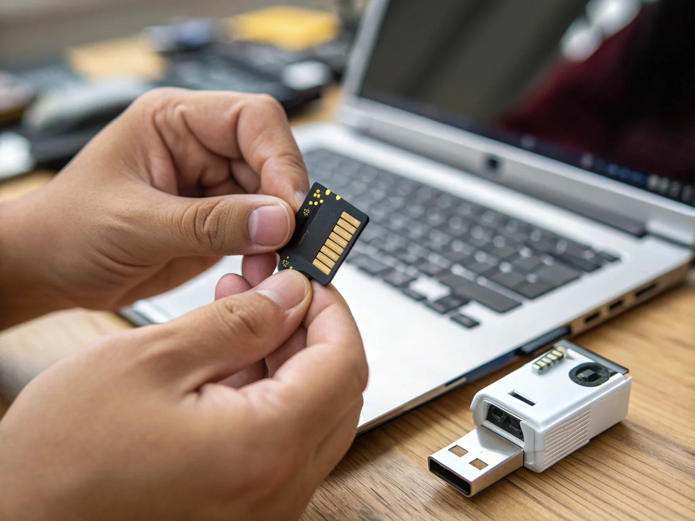 Les mains d'une personne retirant délicatement une petite carte microSD d'un appareil photo discret