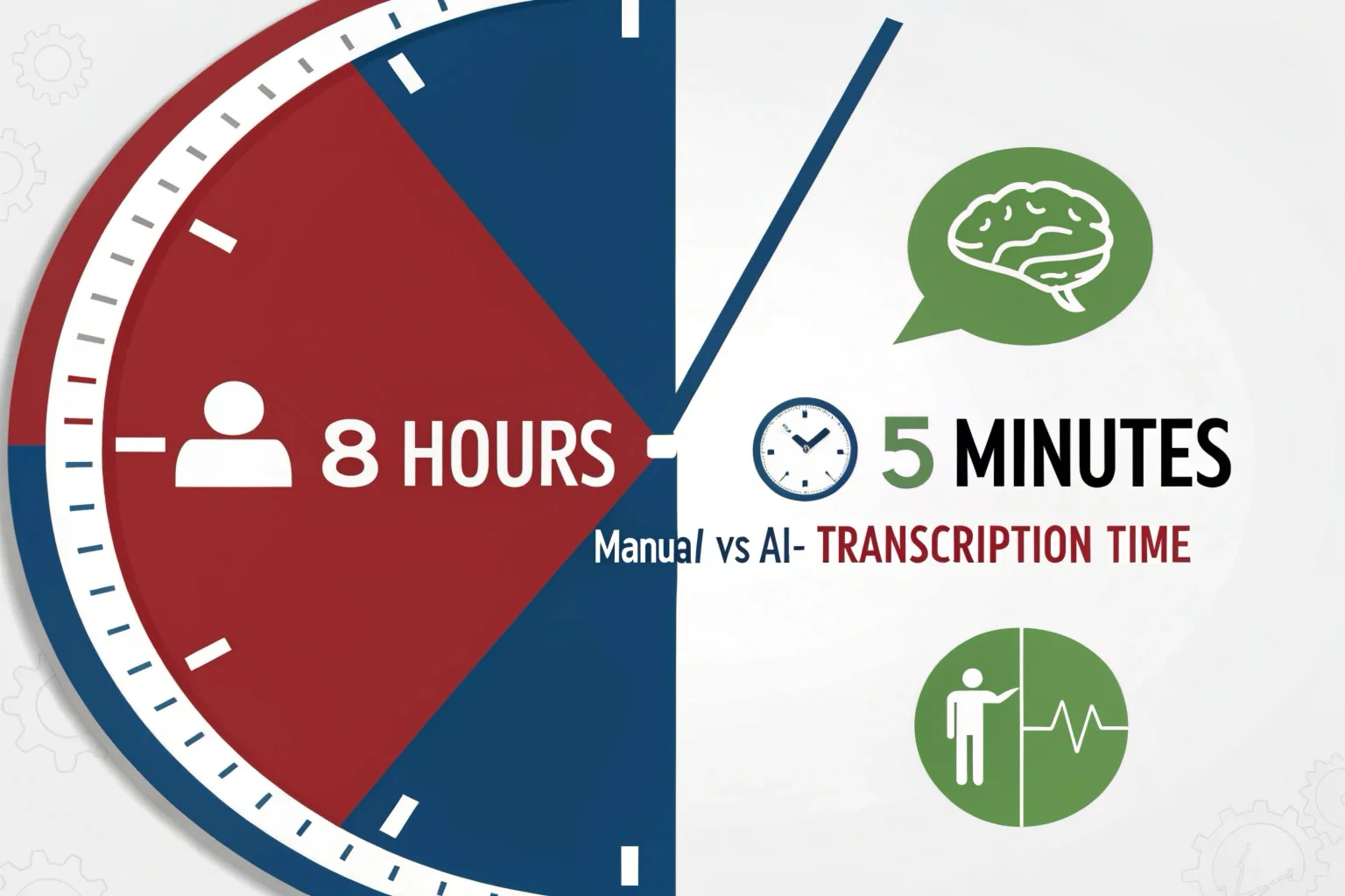 Graphique illustrant une horloge divisée en deux, comparant 8 heures de travail manuel à 5 minutes de traitement par IA