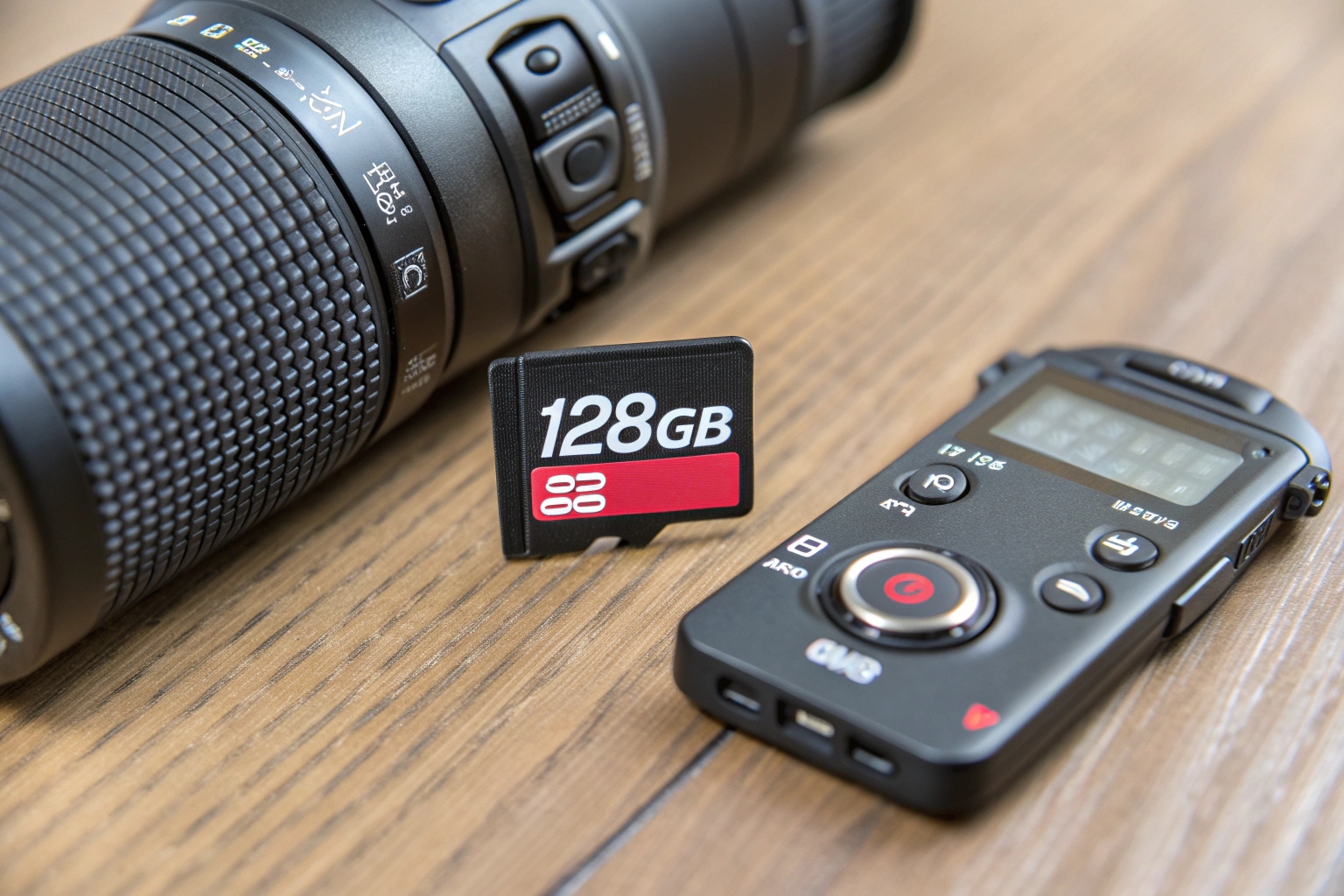 A tiny microSD card placed next to a sleek digital voice recorder to showcase its massive storage capacity