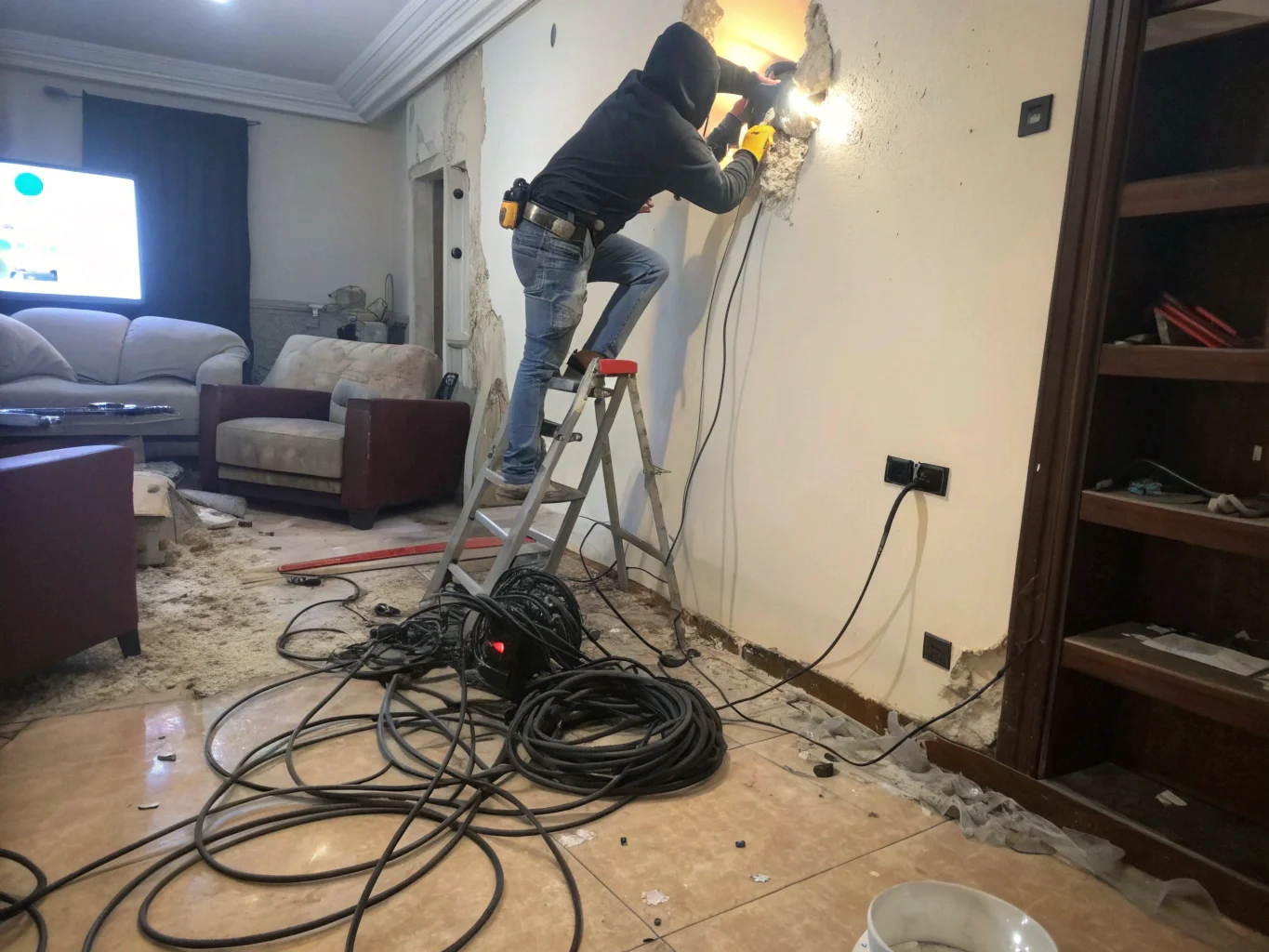 Une personne sur une échelle aux prises avec une installation complexe de câbles de caméra de sécurité.