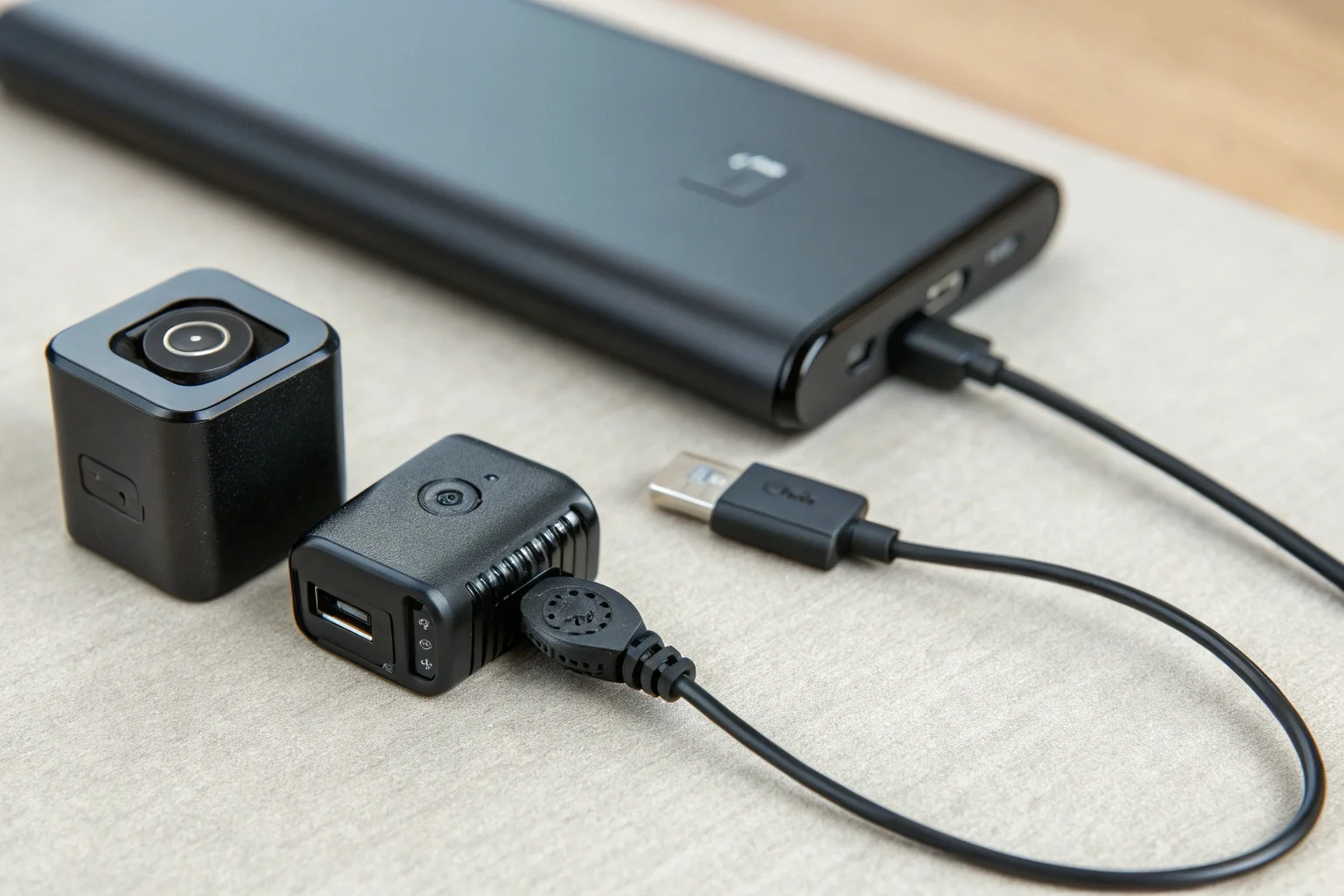 Une mini-caméra connectée à une batterie externe pour illustrer l'autonomie prolongée de la batterie.